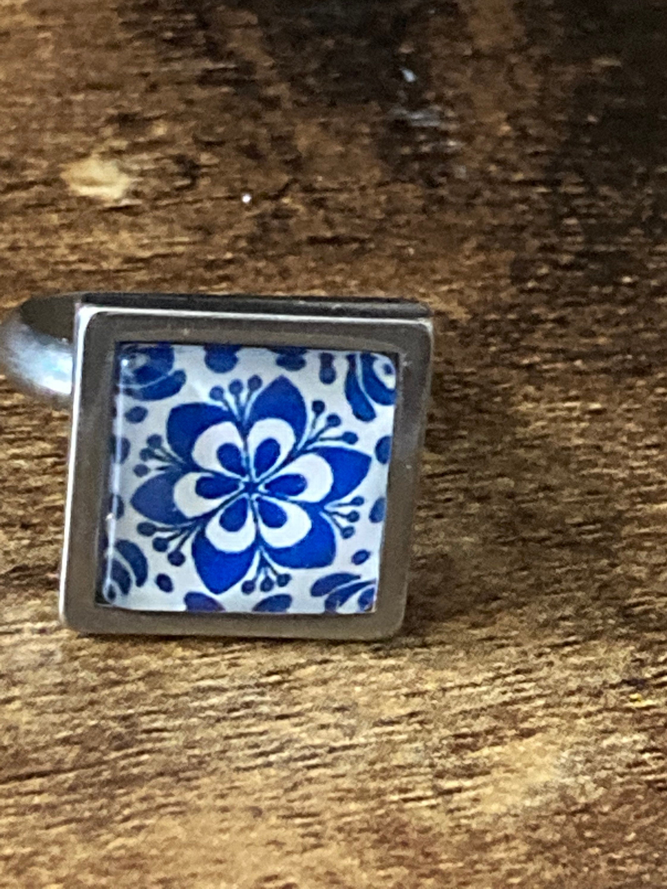 Blue and white printed glass tile earrings stainless steel studs