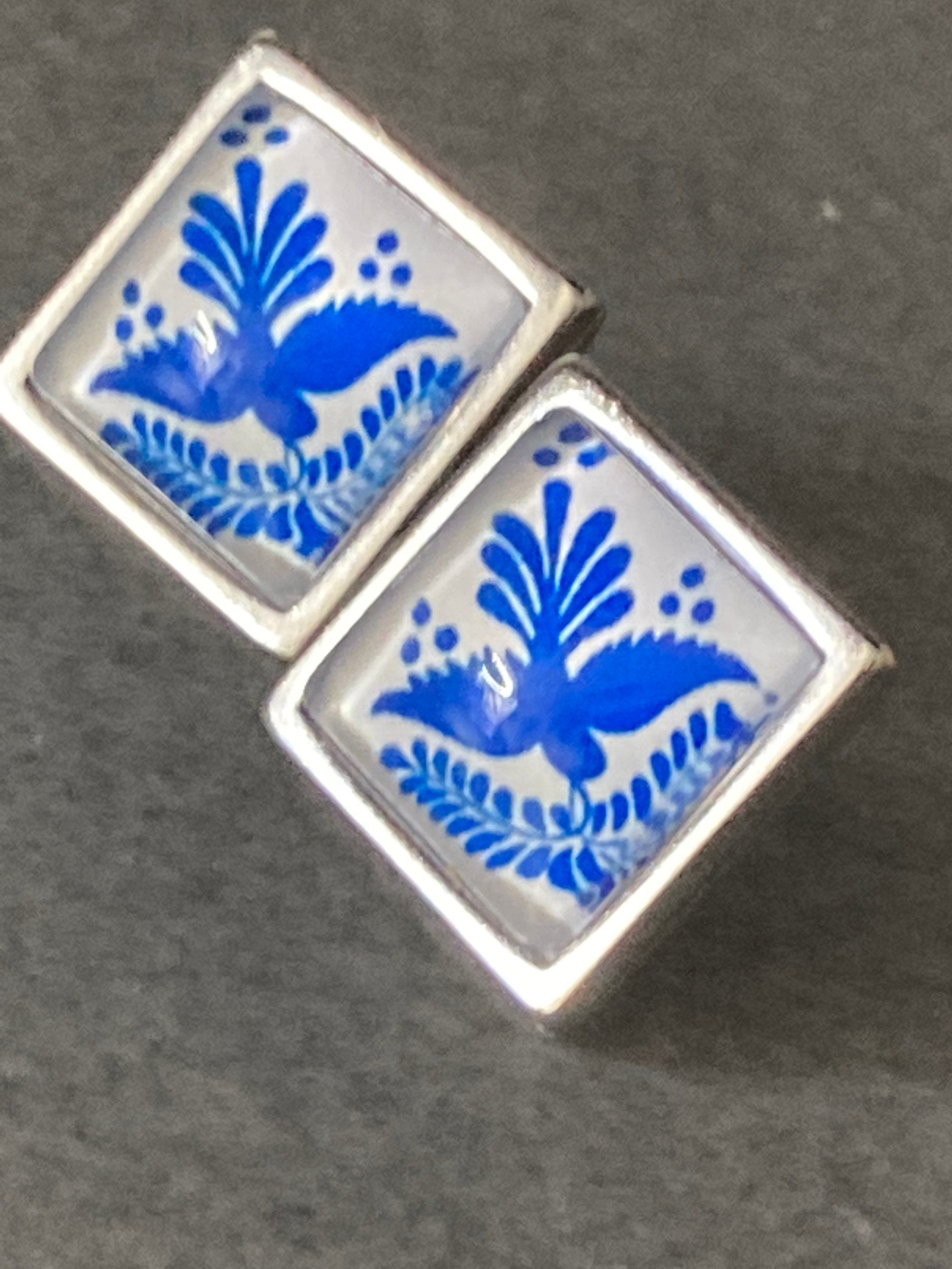 Blue and white printed glass tile earrings stainless steel studs Bird of peace dove
