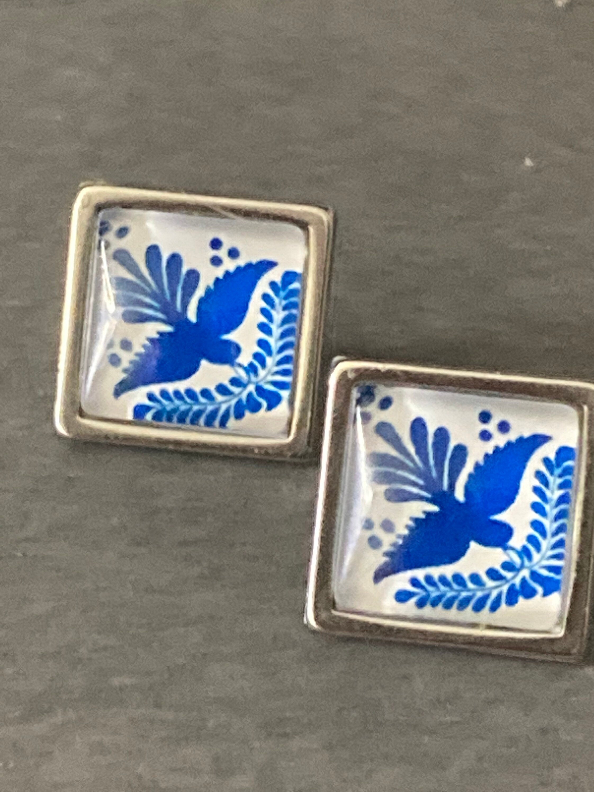 Blue and white printed glass tile earrings stainless steel studs Bird of peace dove