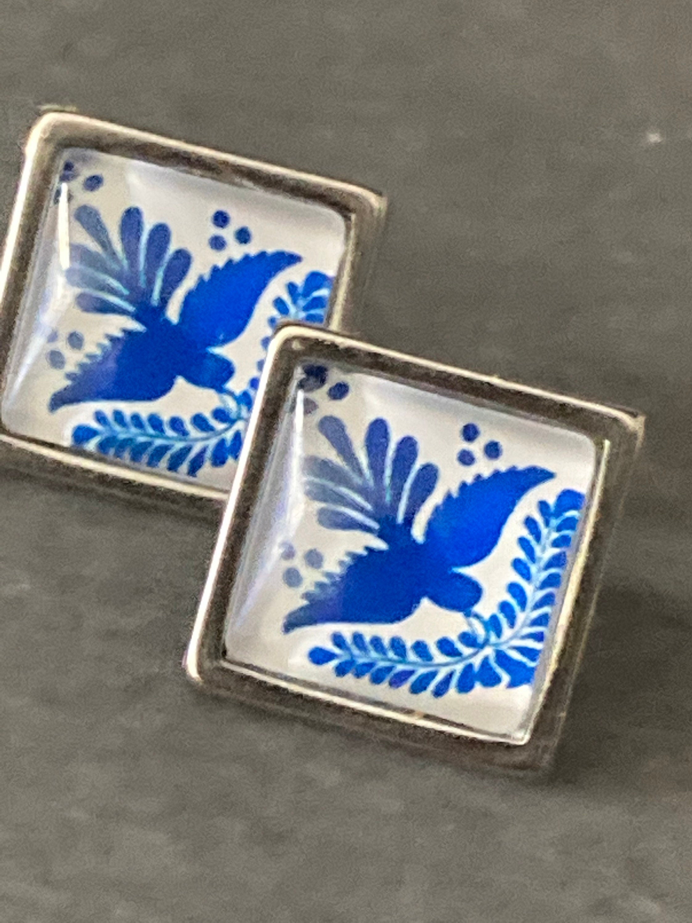 Blue and white printed glass tile earrings stainless steel studs Bird of peace dove