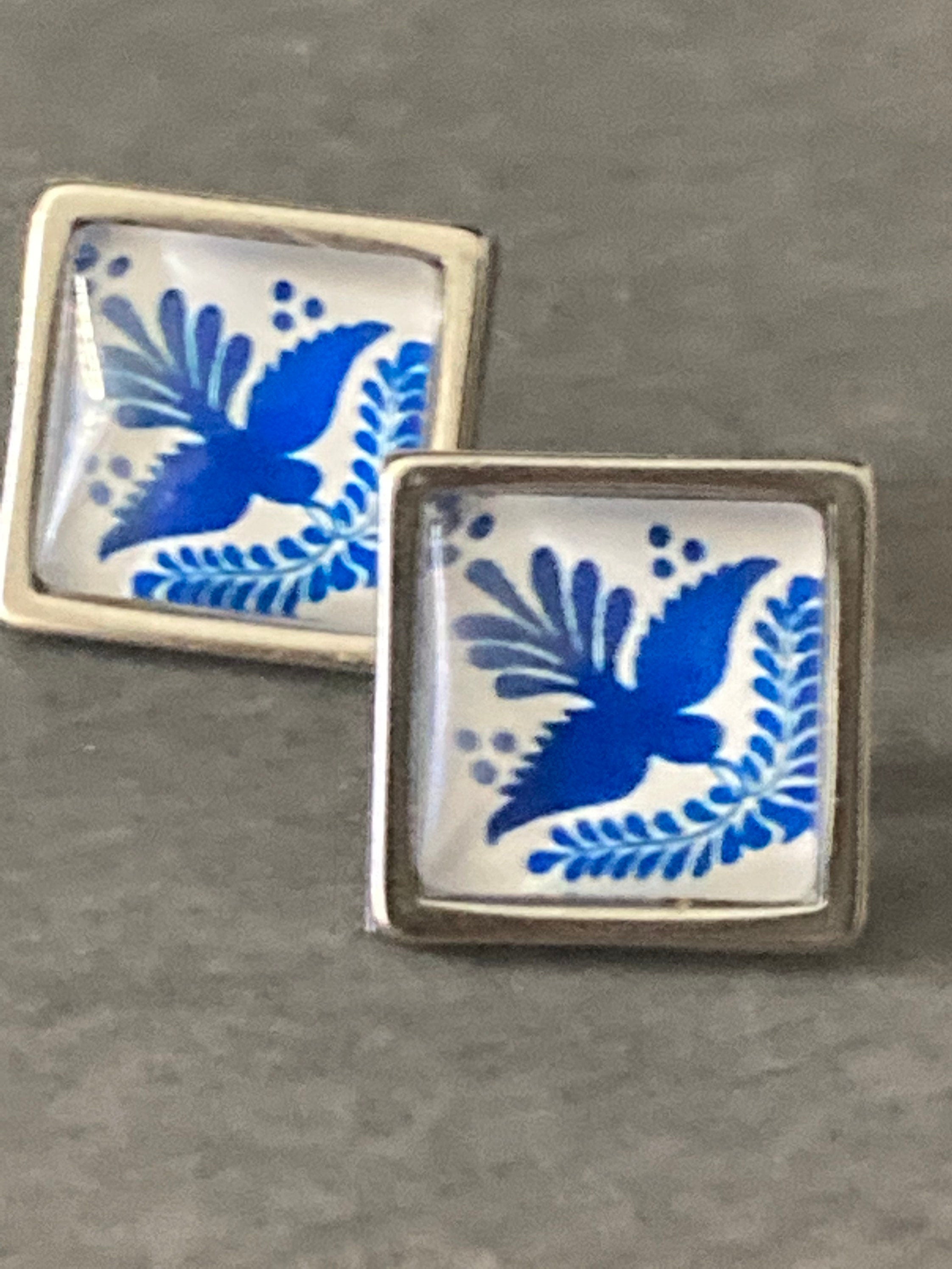 Blue and white printed glass tile earrings stainless steel studs Bird of peace dove