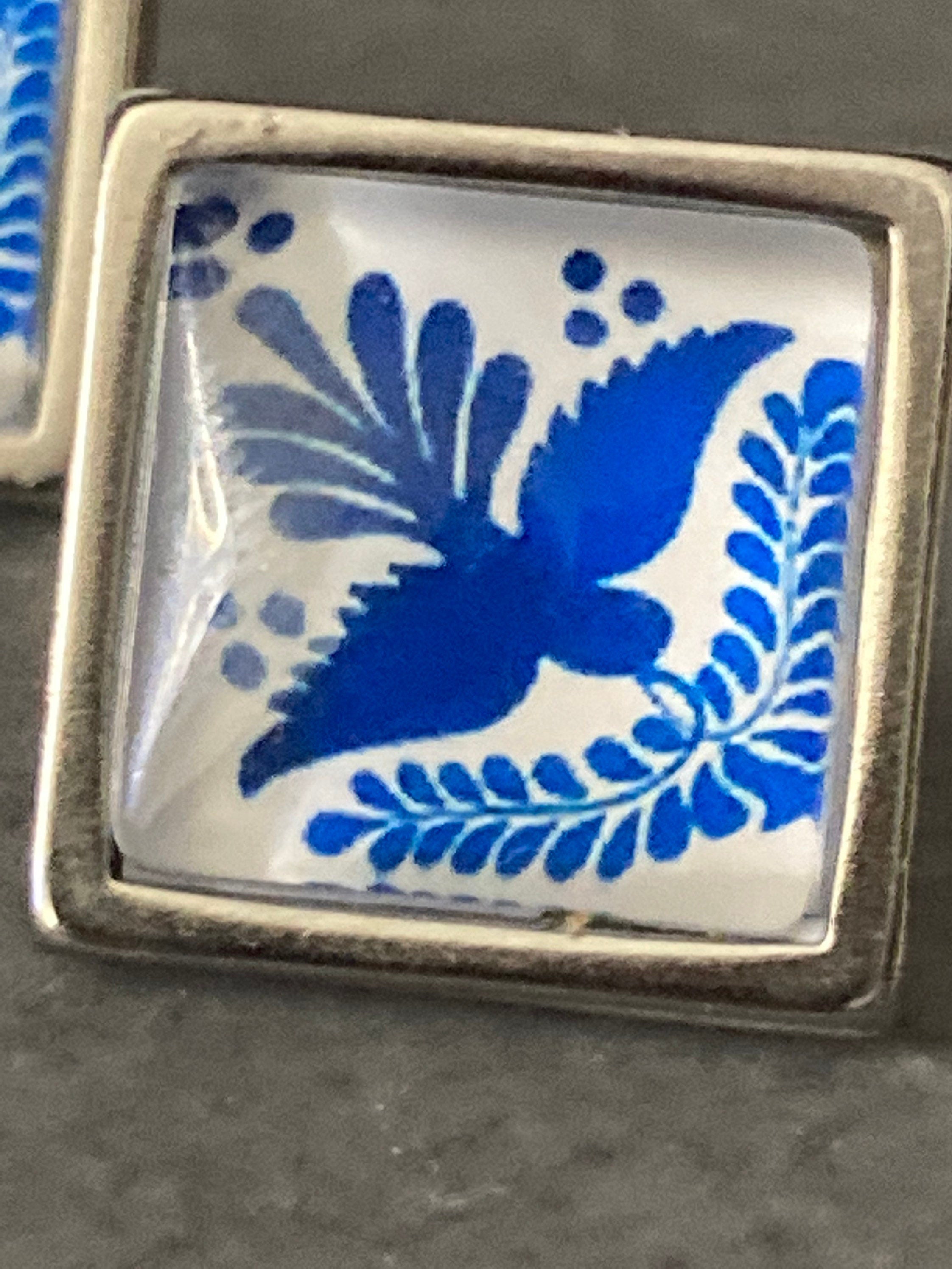 Blue and white printed glass tile earrings stainless steel studs Bird of peace dove