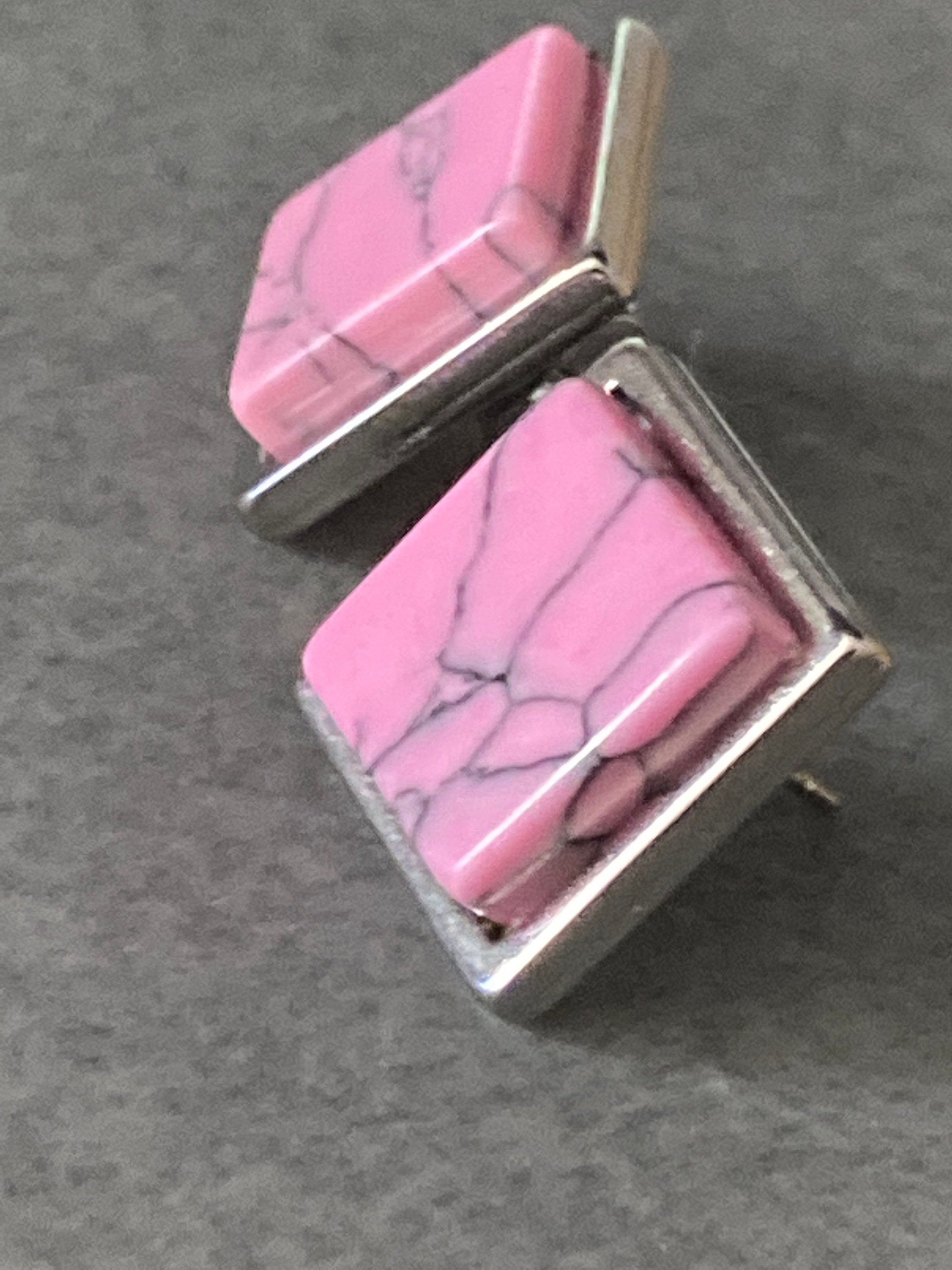 Pink marbled gemstone stud earrings in stainless steel