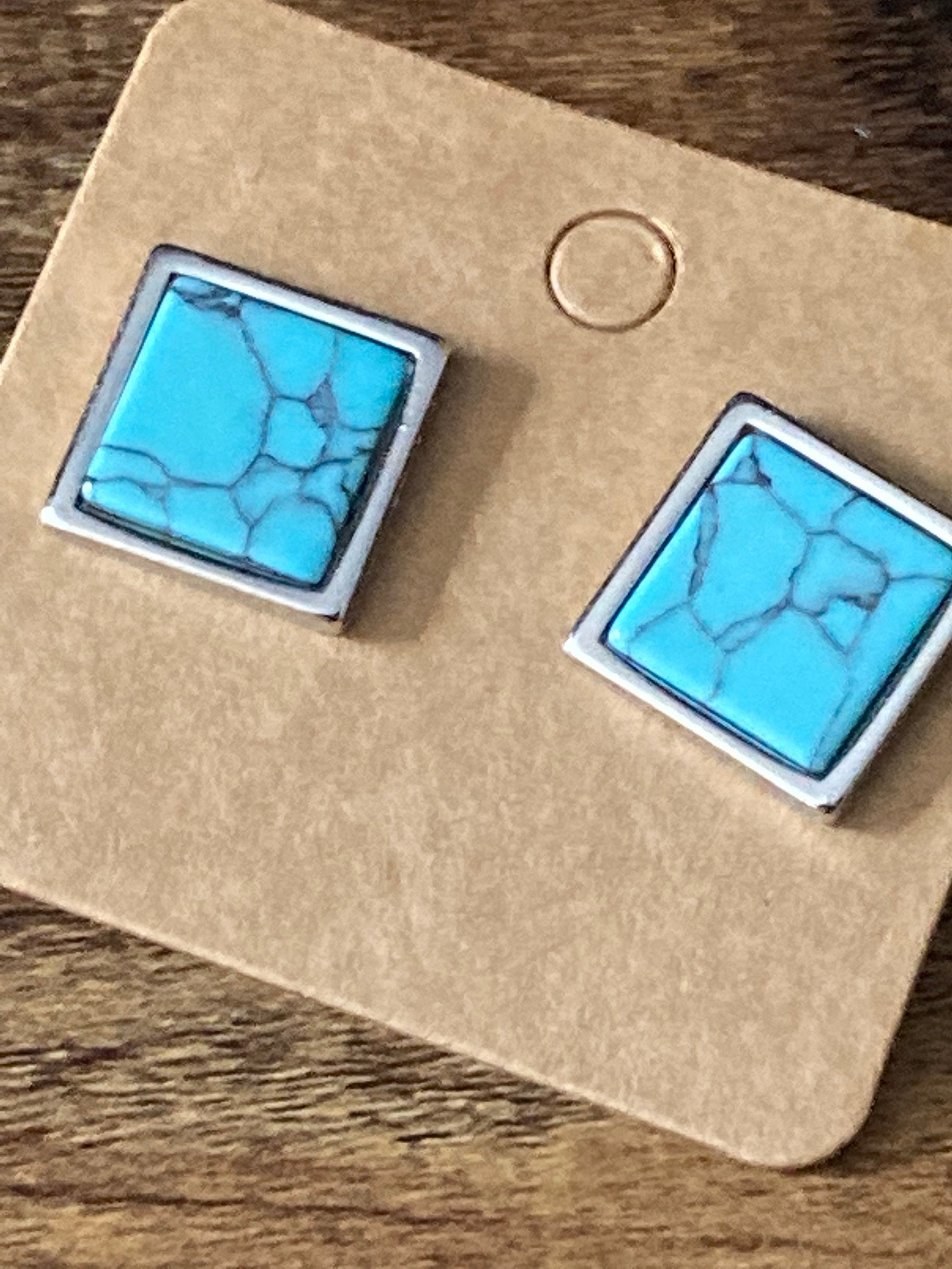 turquoise blue marbled gemstone stud earrings stainless steel