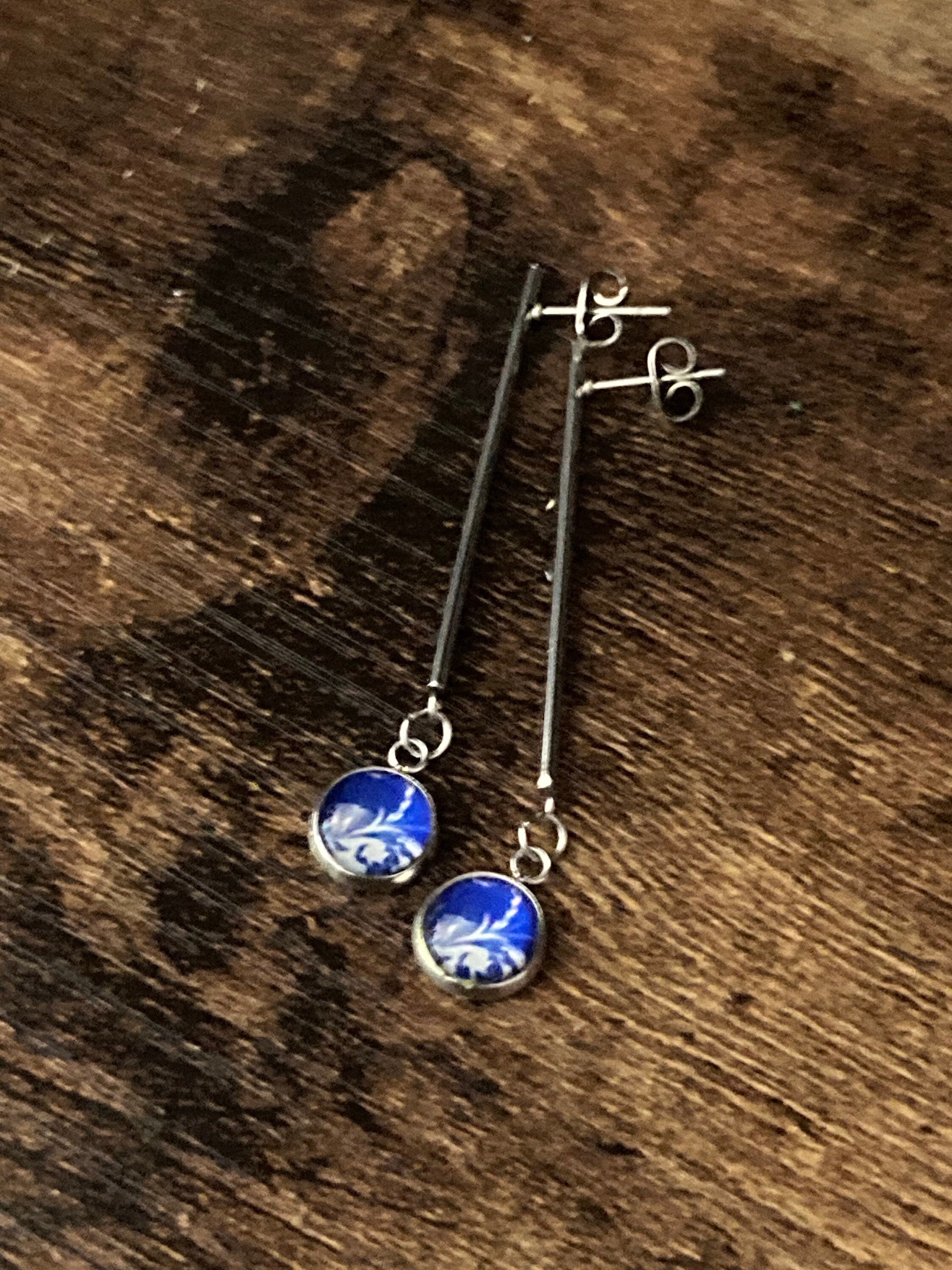 blue white floral long drop earrings for pierced ears Amari style glass cabochons Stainless steel