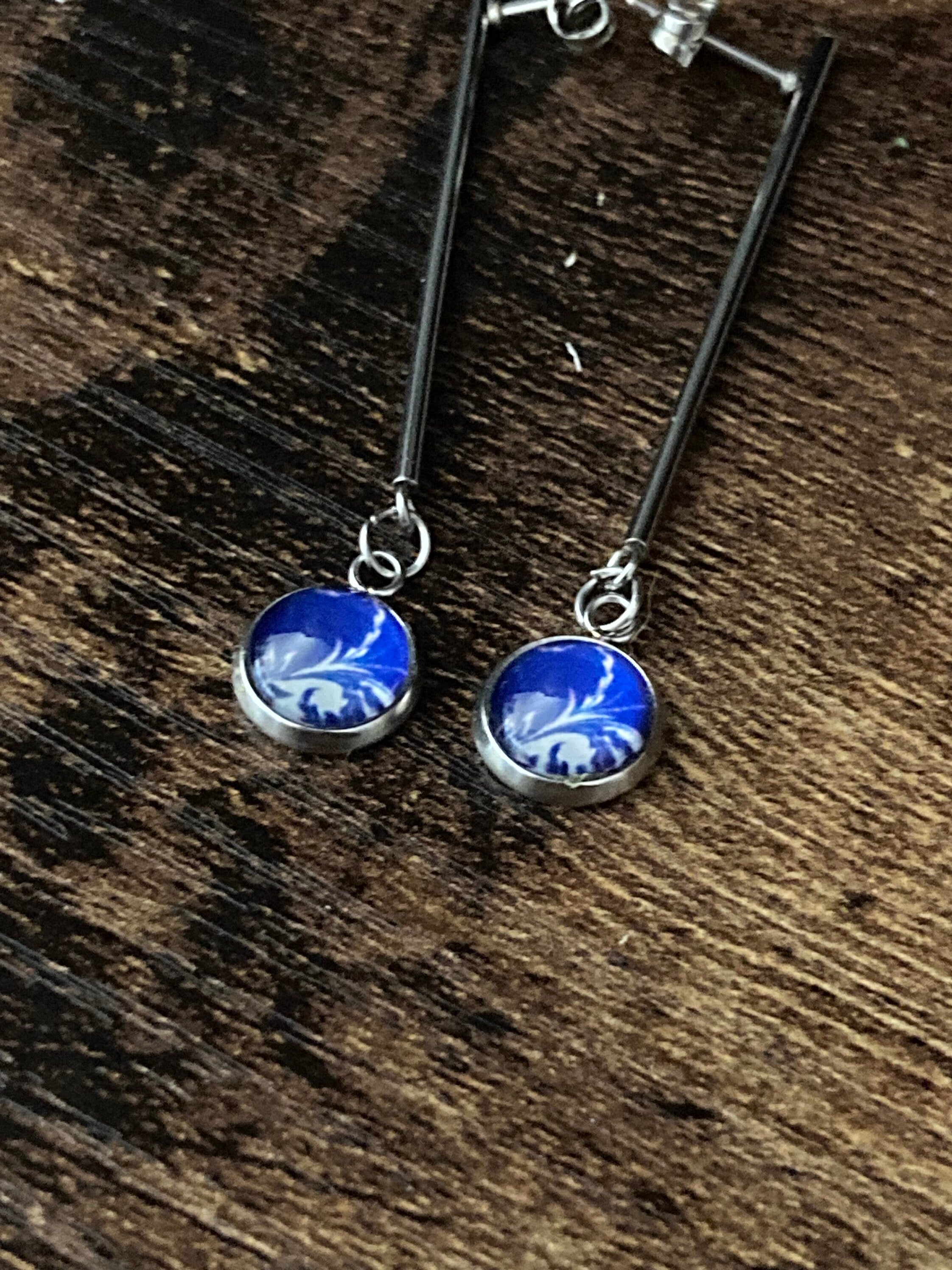 blue white floral long drop earrings for pierced ears Amari style glass cabochons Stainless steel