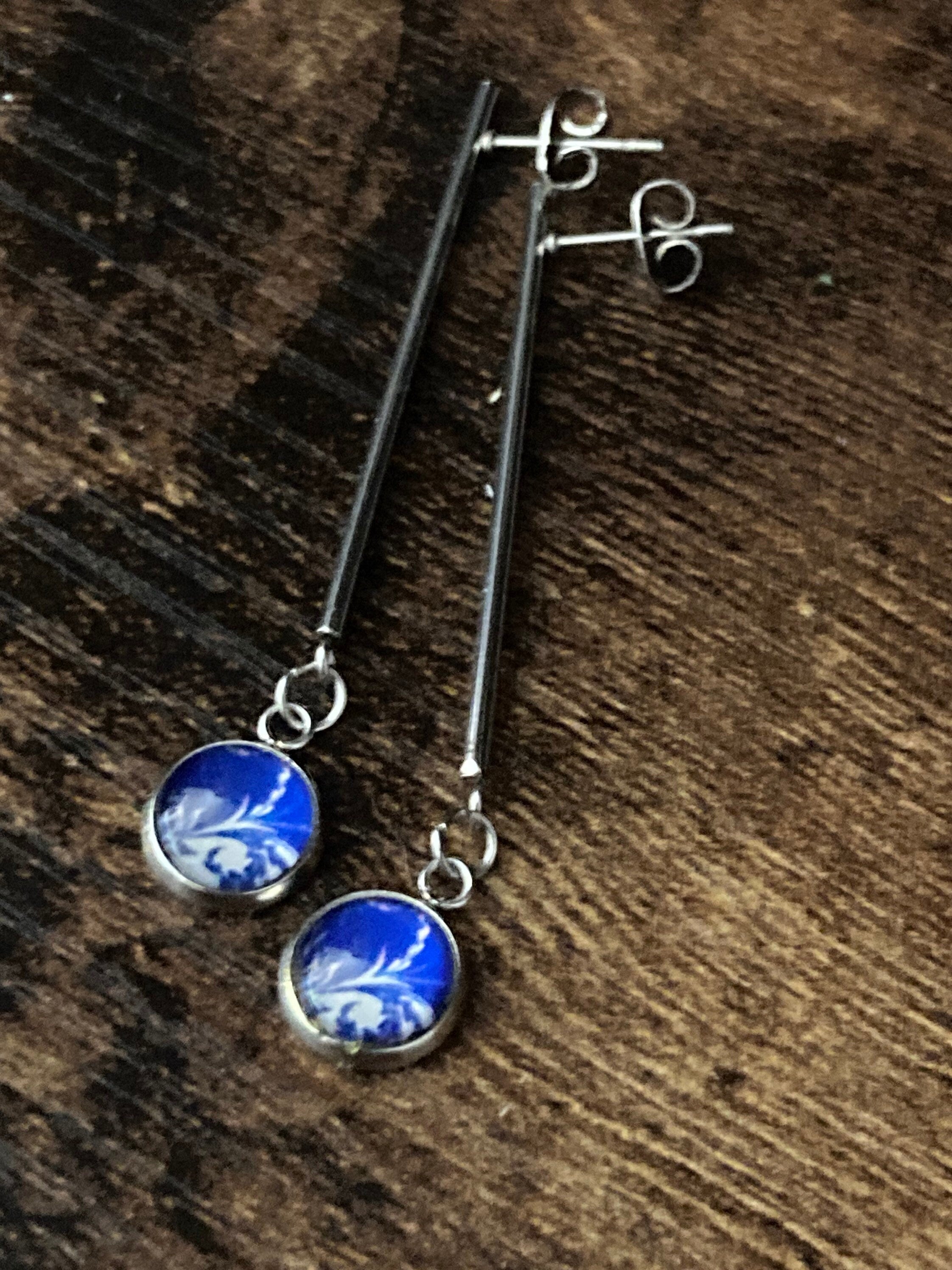 blue white floral long drop earrings for pierced ears Amari style glass cabochons Stainless steel