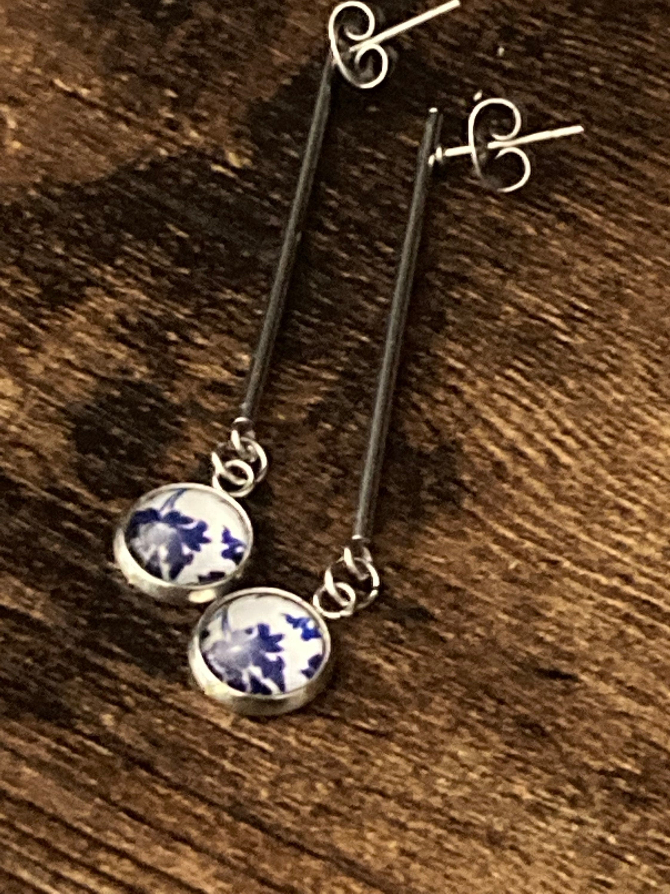 blue white floral long drop earrings for pierced ears Amari style glass cabochons Stainless steel