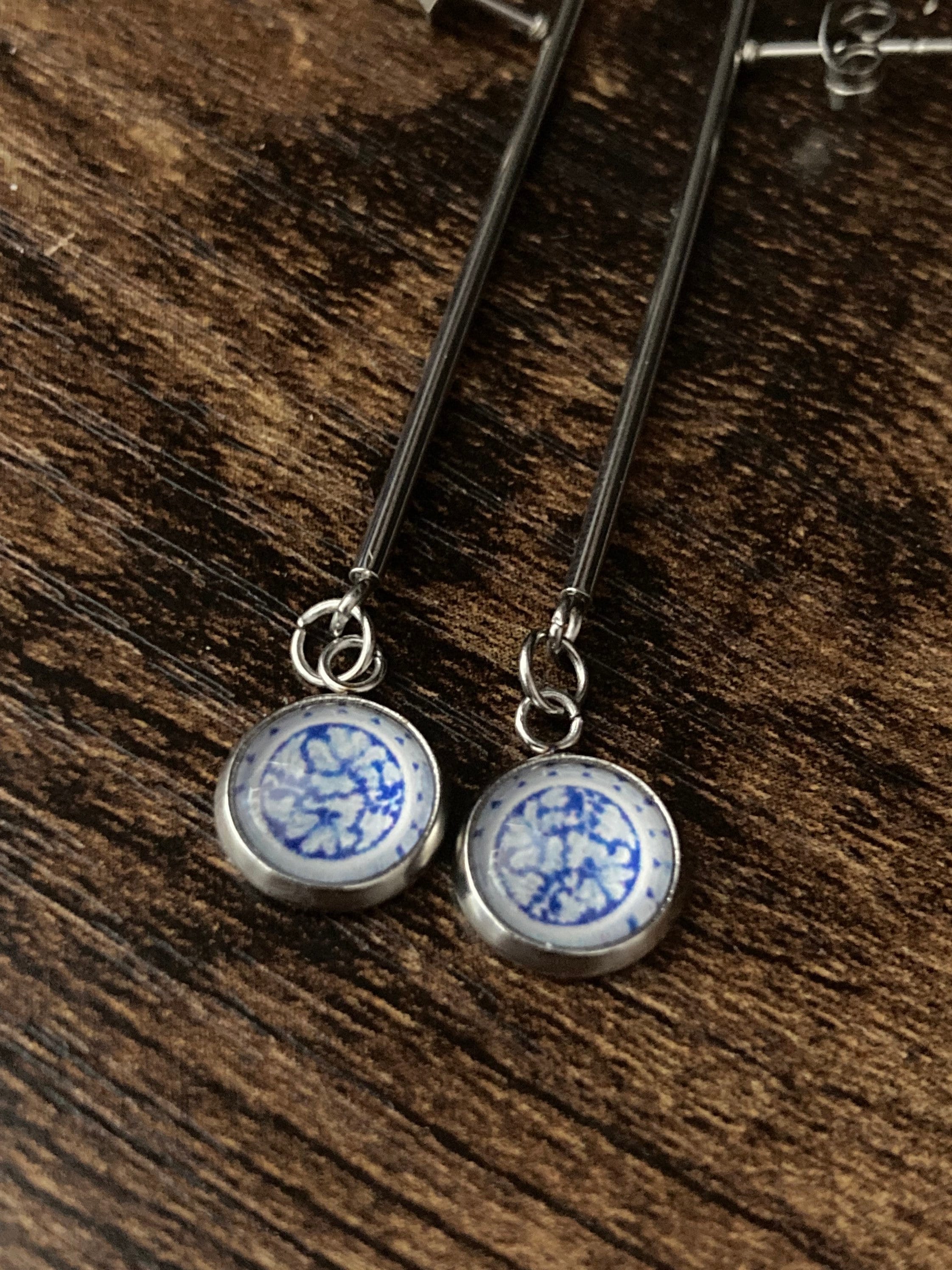 blue white floral long drop earrings for pierced ears Amari style glass cabochons