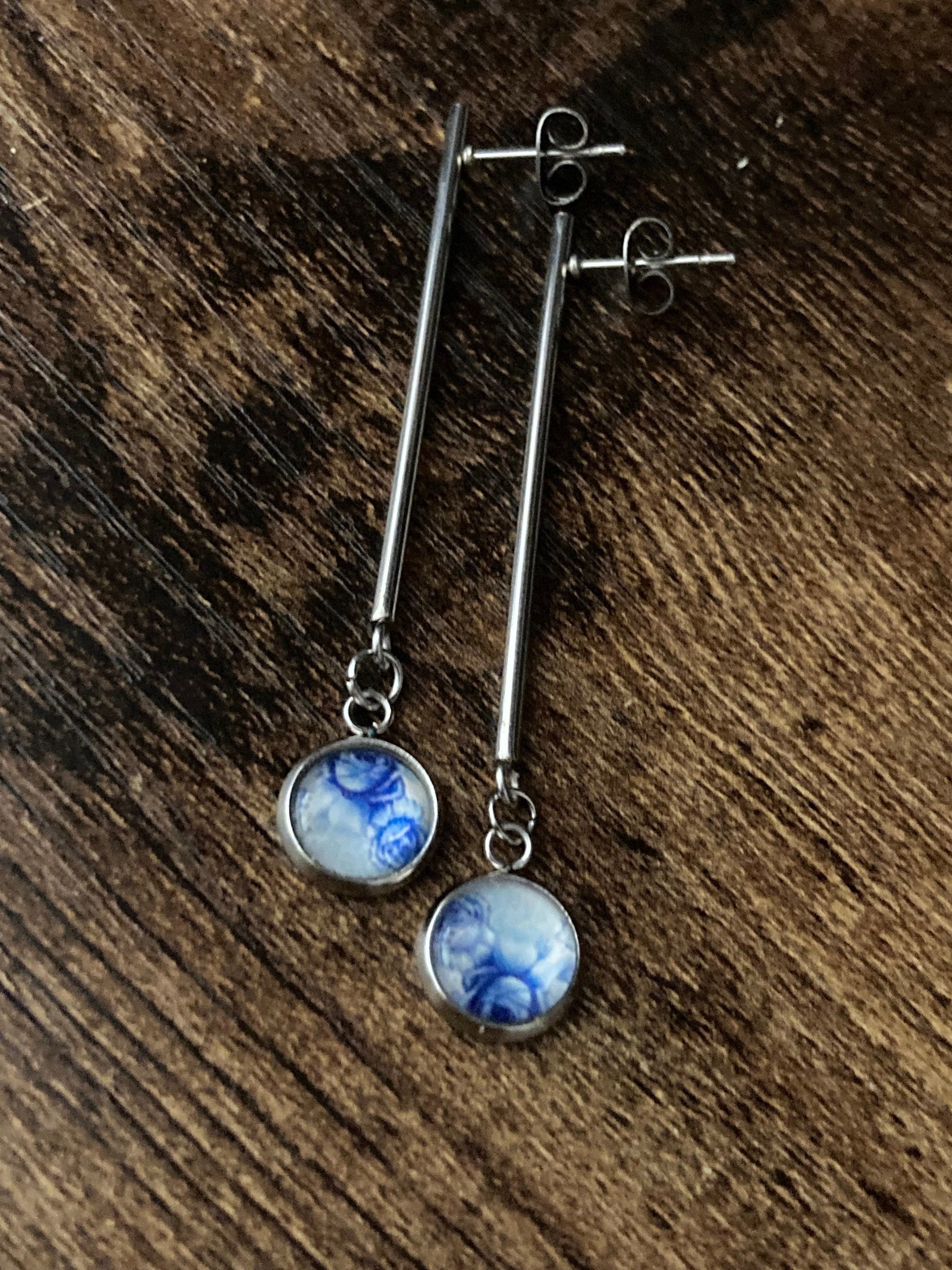 blue white floral long drop earrings for pierced ears Amari style glass cabochons Stainless steel