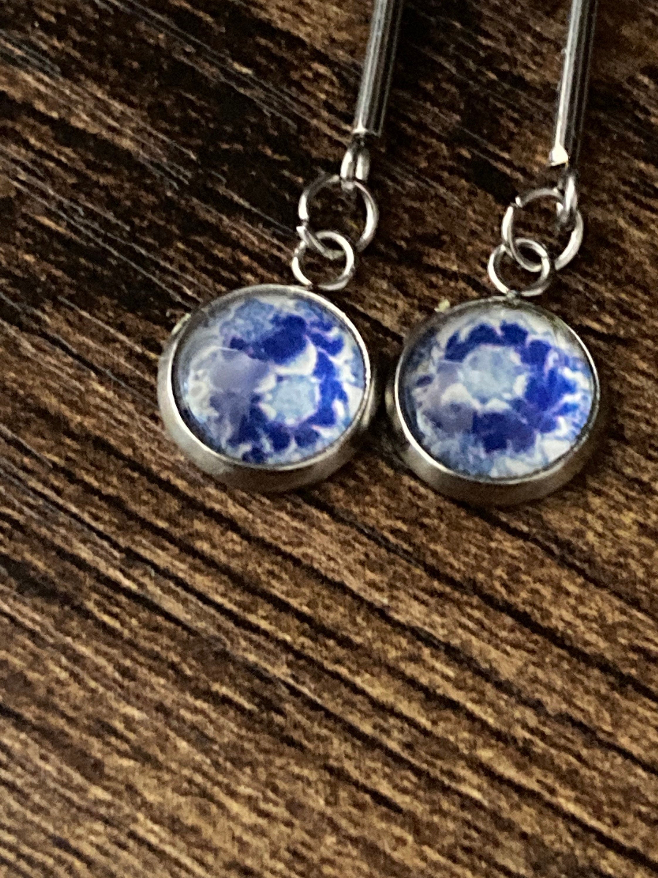 blue white floral long drop earrings for pierced ears Amari style glass cabochons