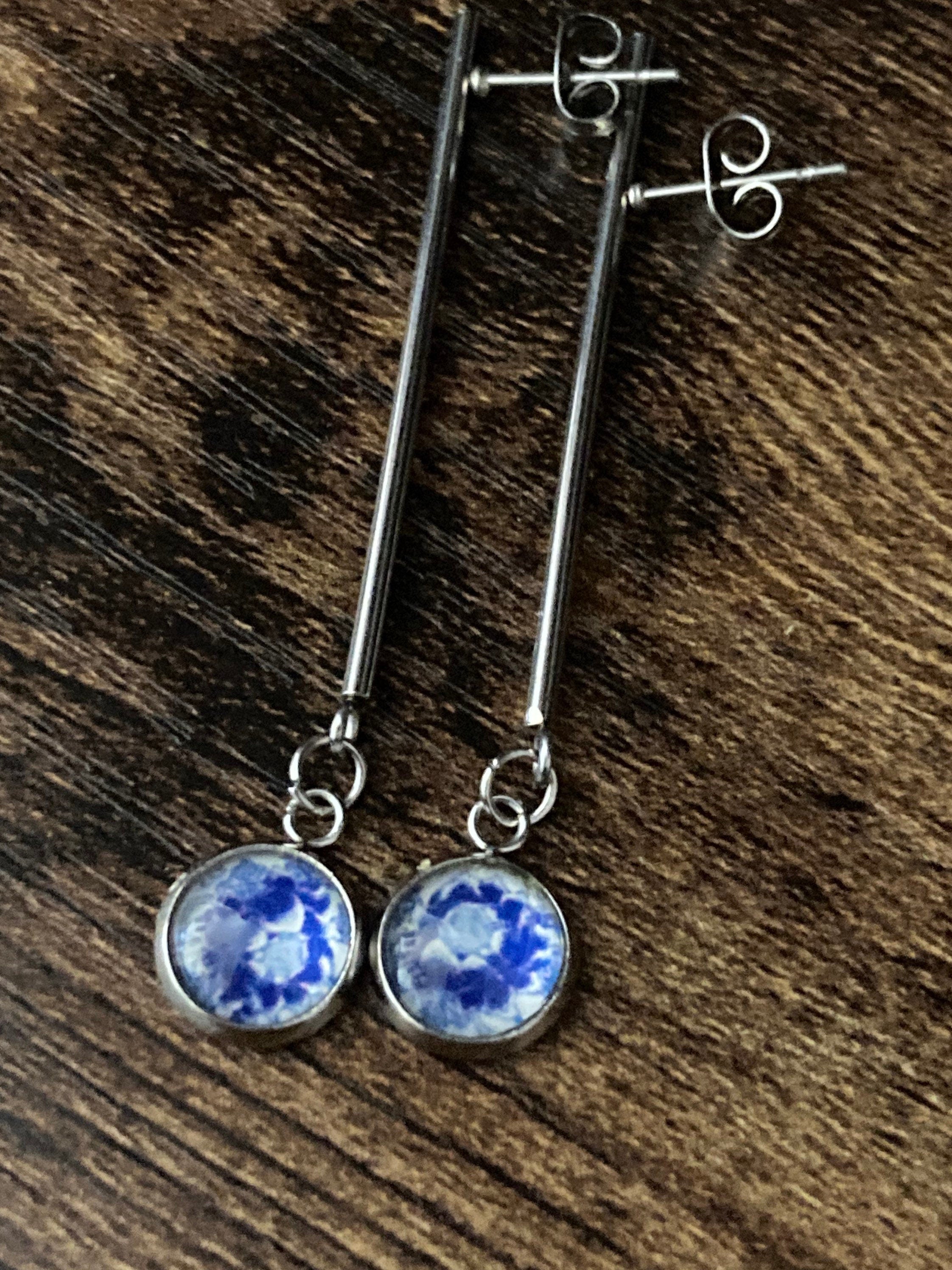 blue white floral long drop earrings for pierced ears Amari style glass cabochons