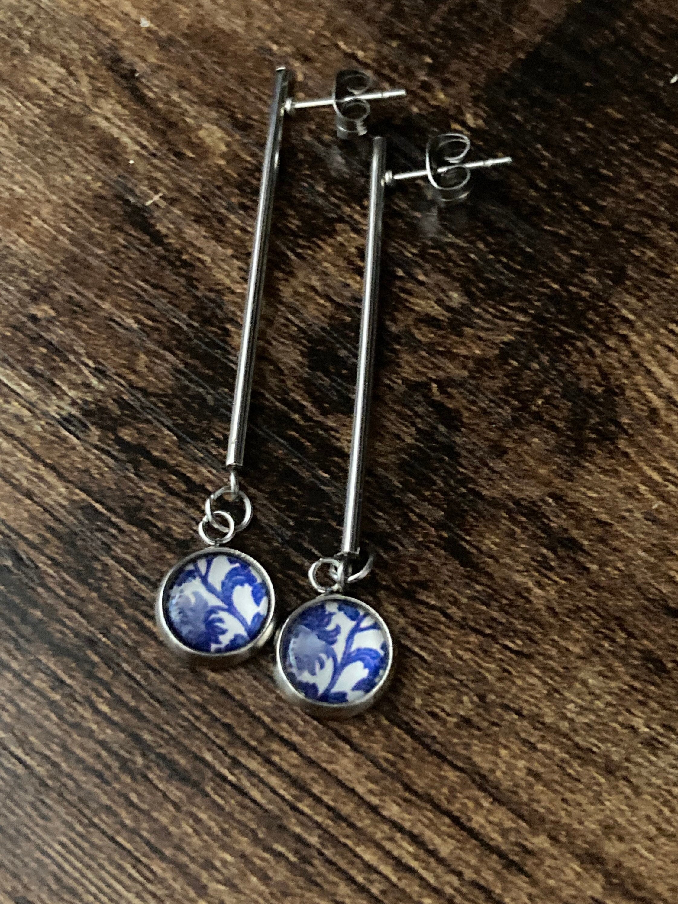 blue white floral long drop earrings for pierced ears Amari style glass cabochons