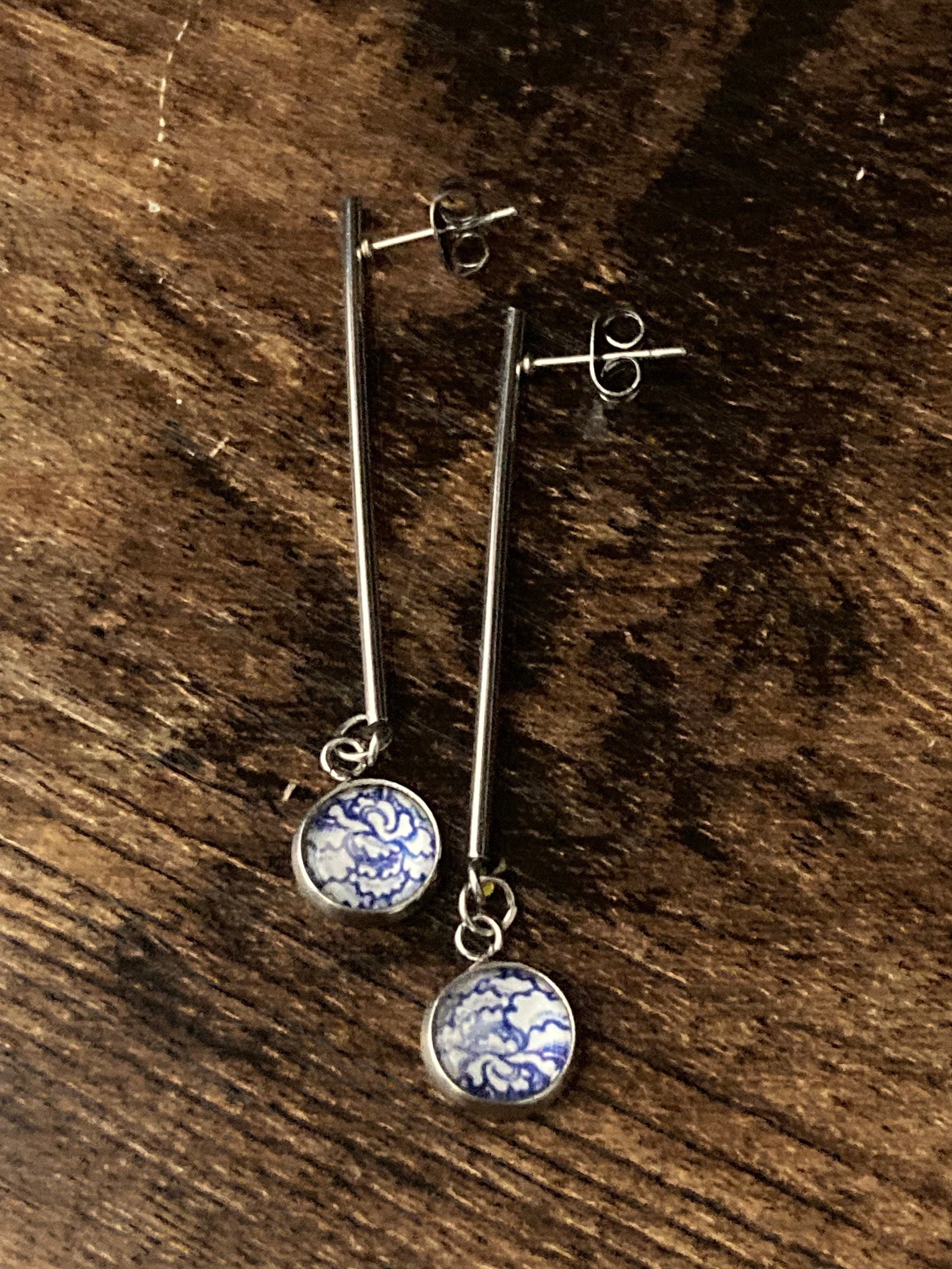 blue white floral long drop earrings for pierced ears Amari style glass cabochons Stainless steel