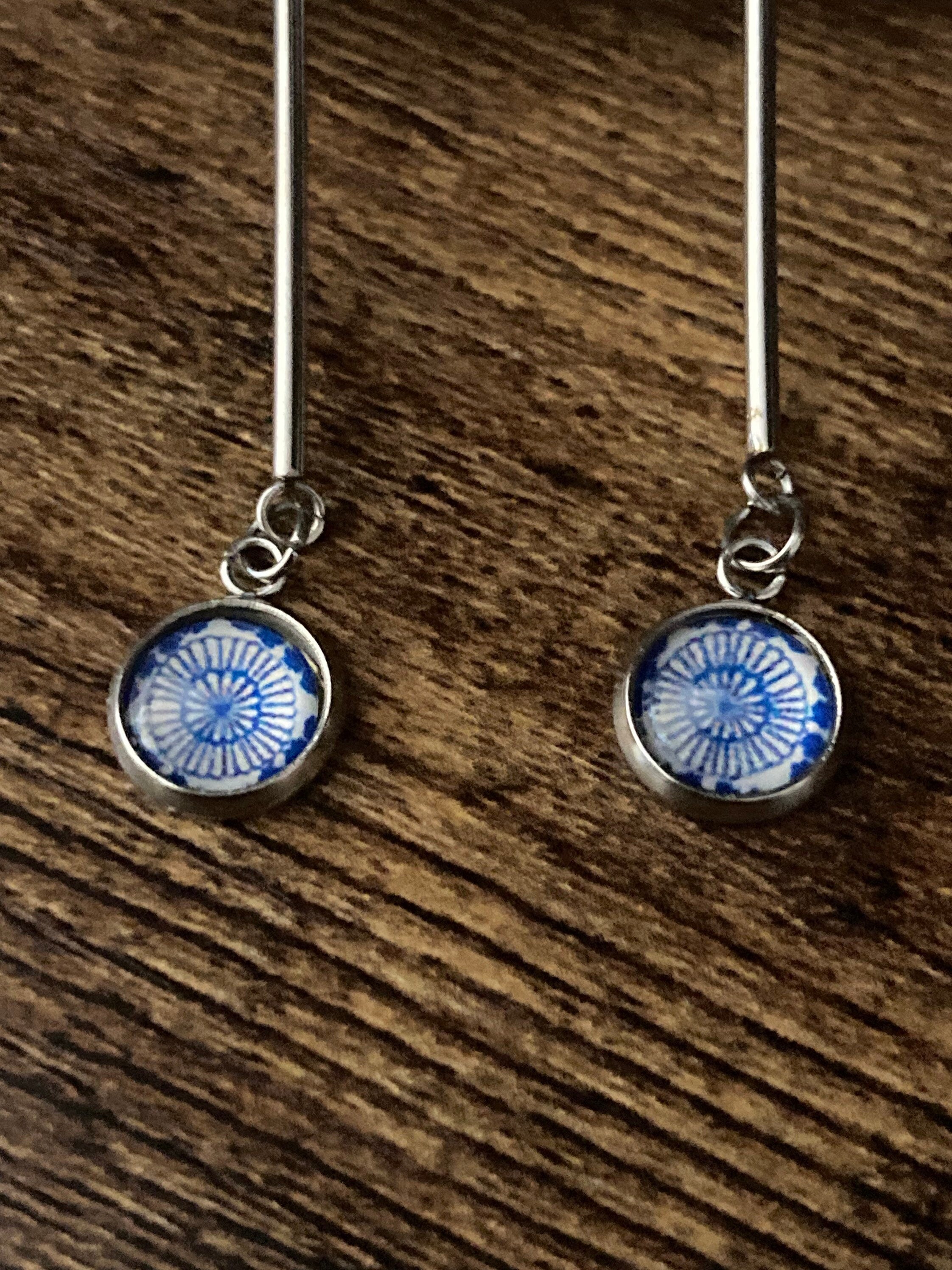 blue white floral long drop earrings for pierced ears Amari style glass cabochons Stainless steel