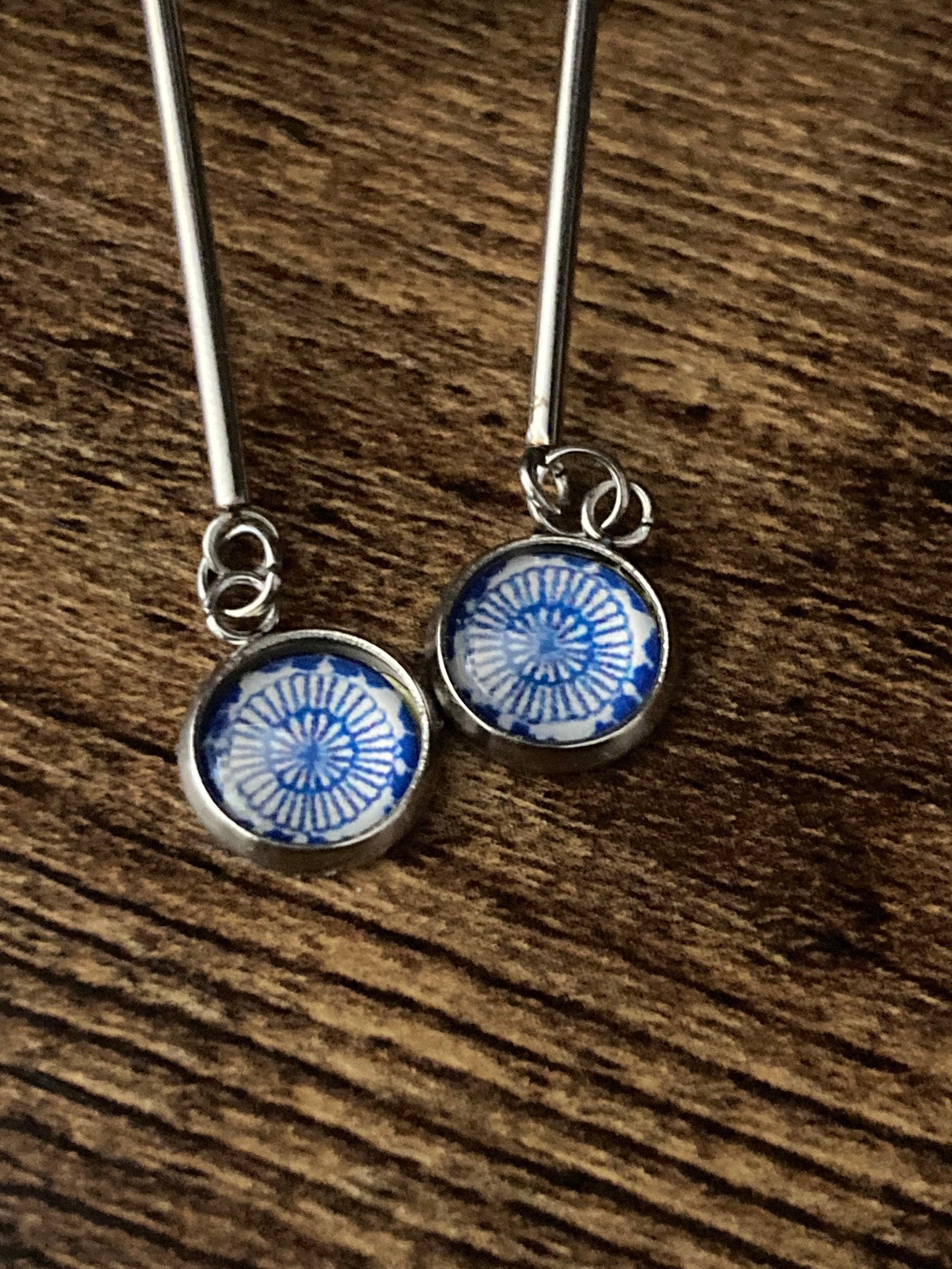 blue white floral long drop earrings for pierced ears Amari style glass cabochons Stainless steel
