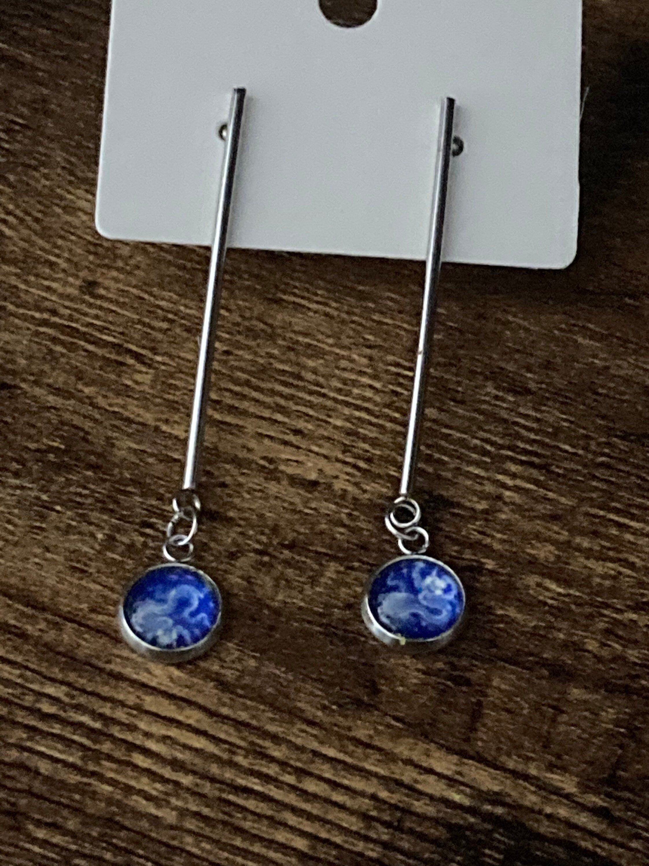 blue white floral long drop earrings for pierced ears Amari style glass cabochons Stainless steel