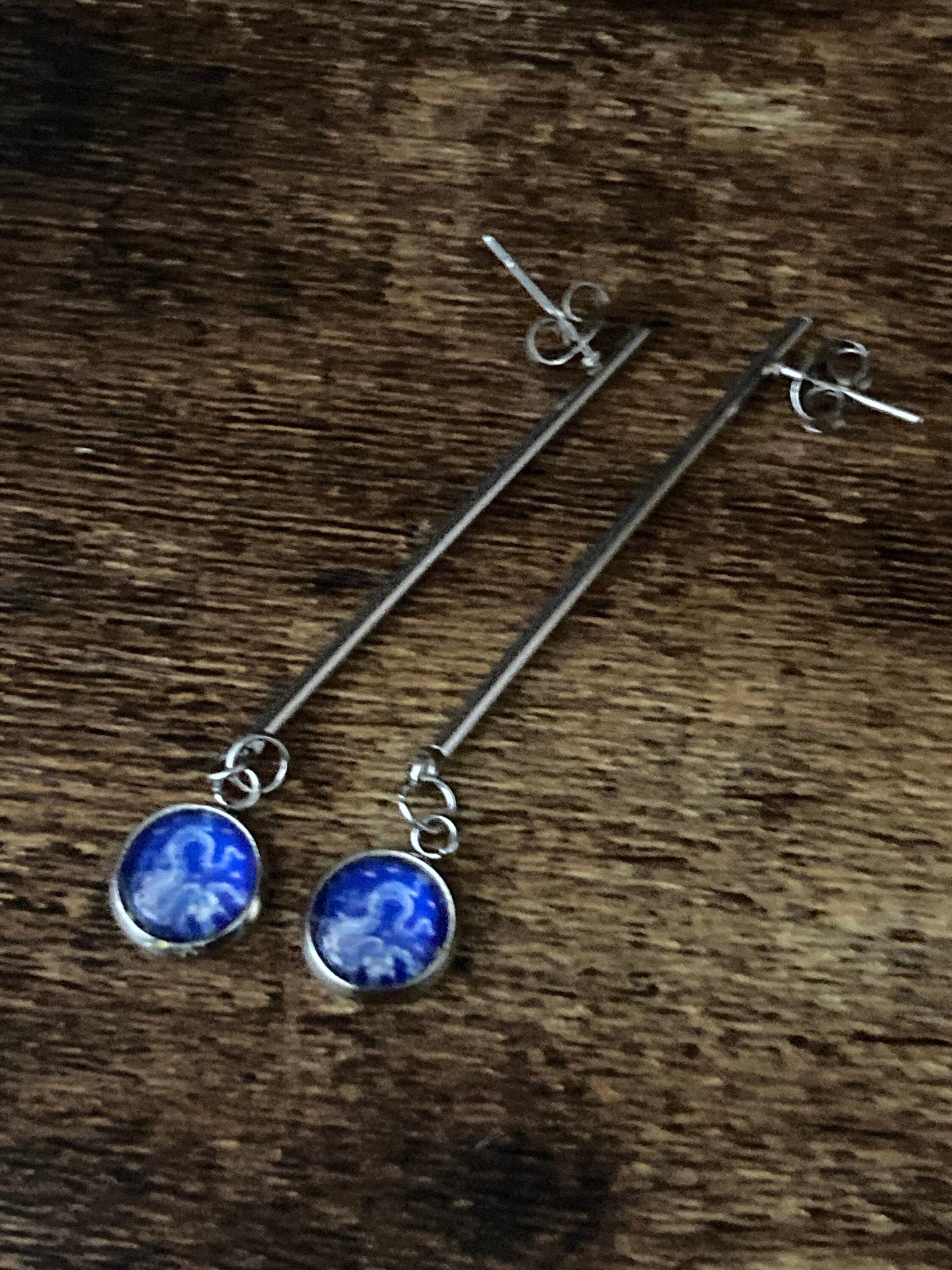 blue white floral long drop earrings for pierced ears Amari style glass cabochons Stainless steel