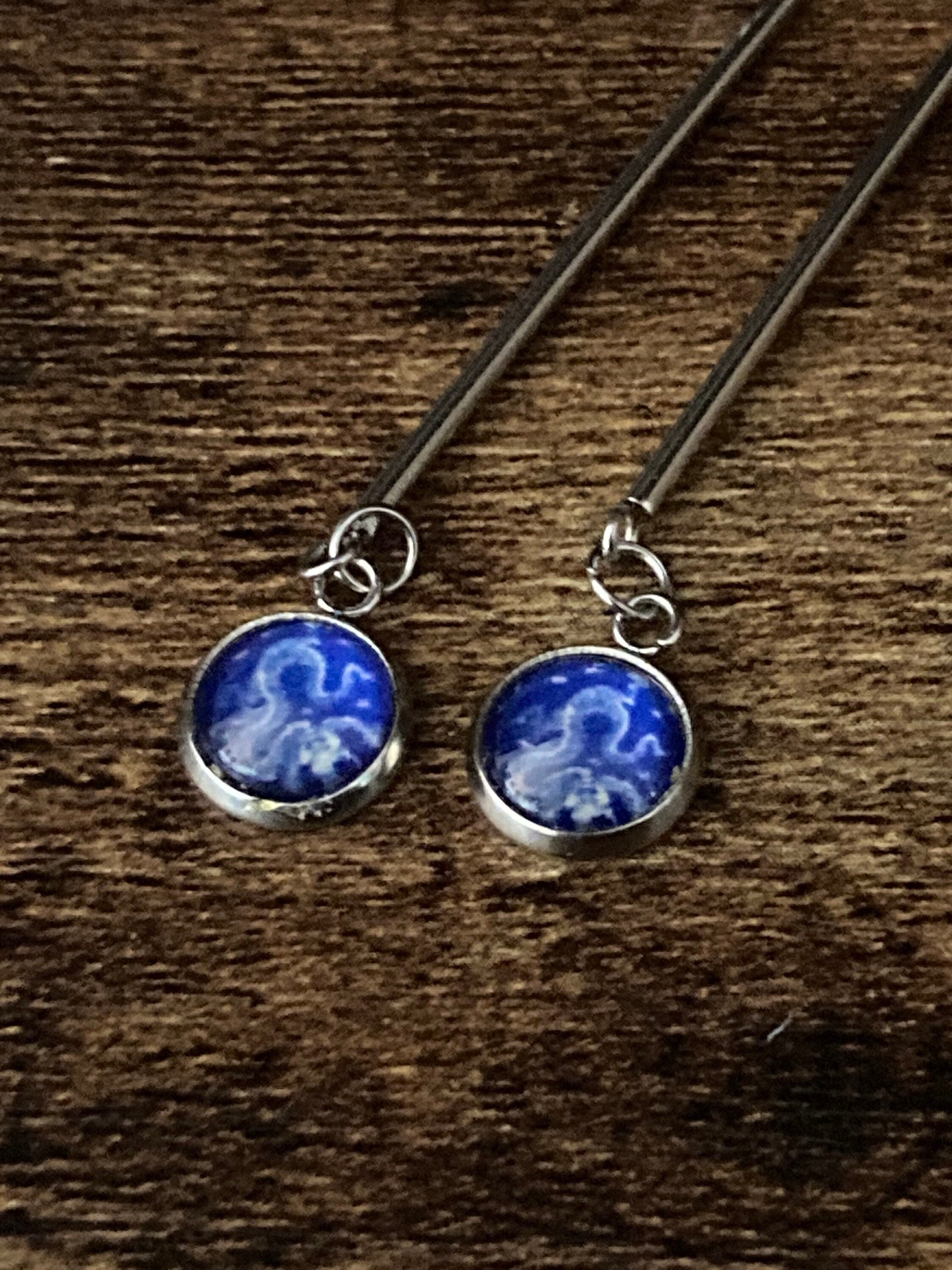 blue white floral long drop earrings for pierced ears Amari style glass cabochons Stainless steel