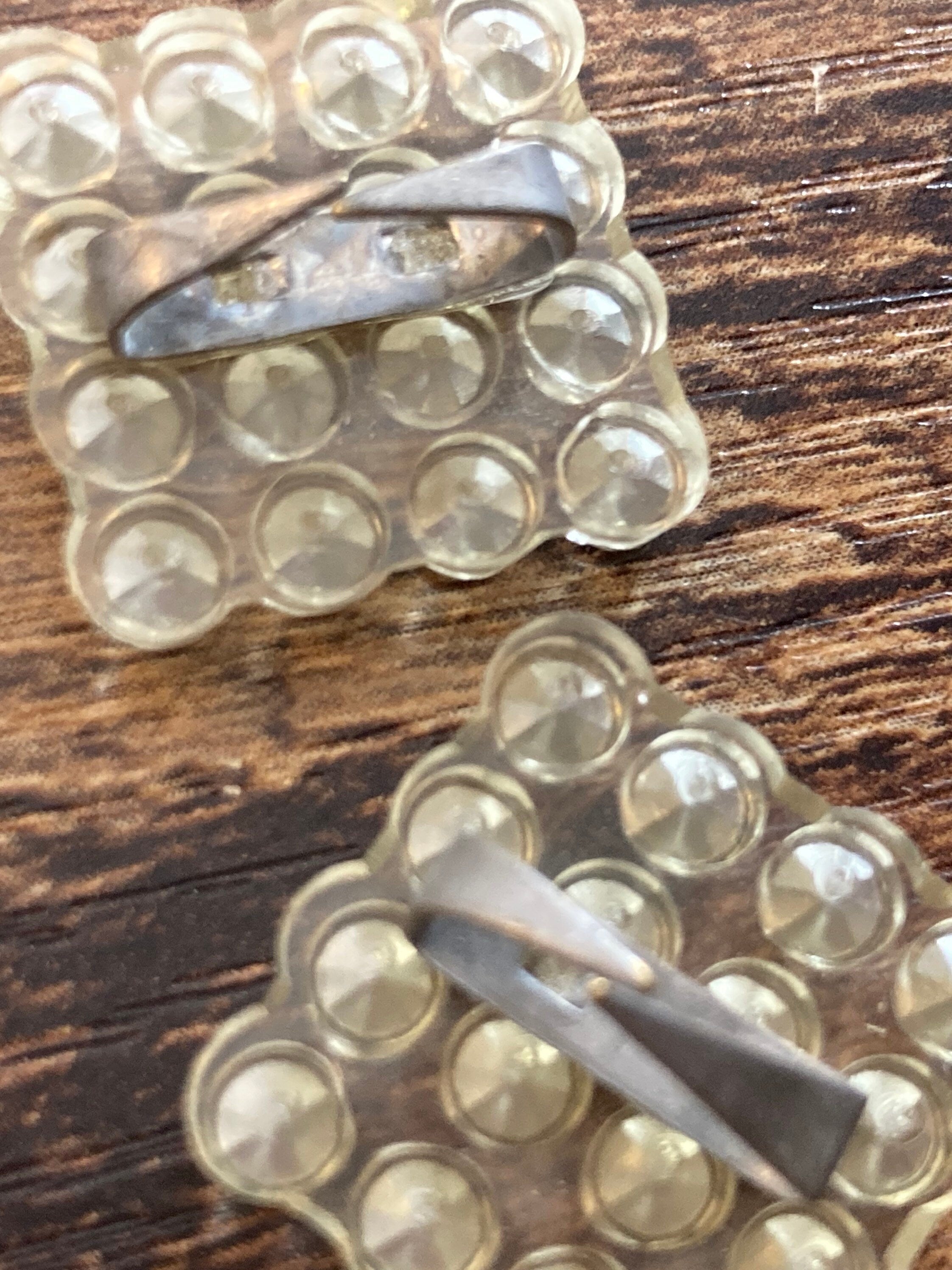 Celluloid square plastic shoe clips, vintage diamanté