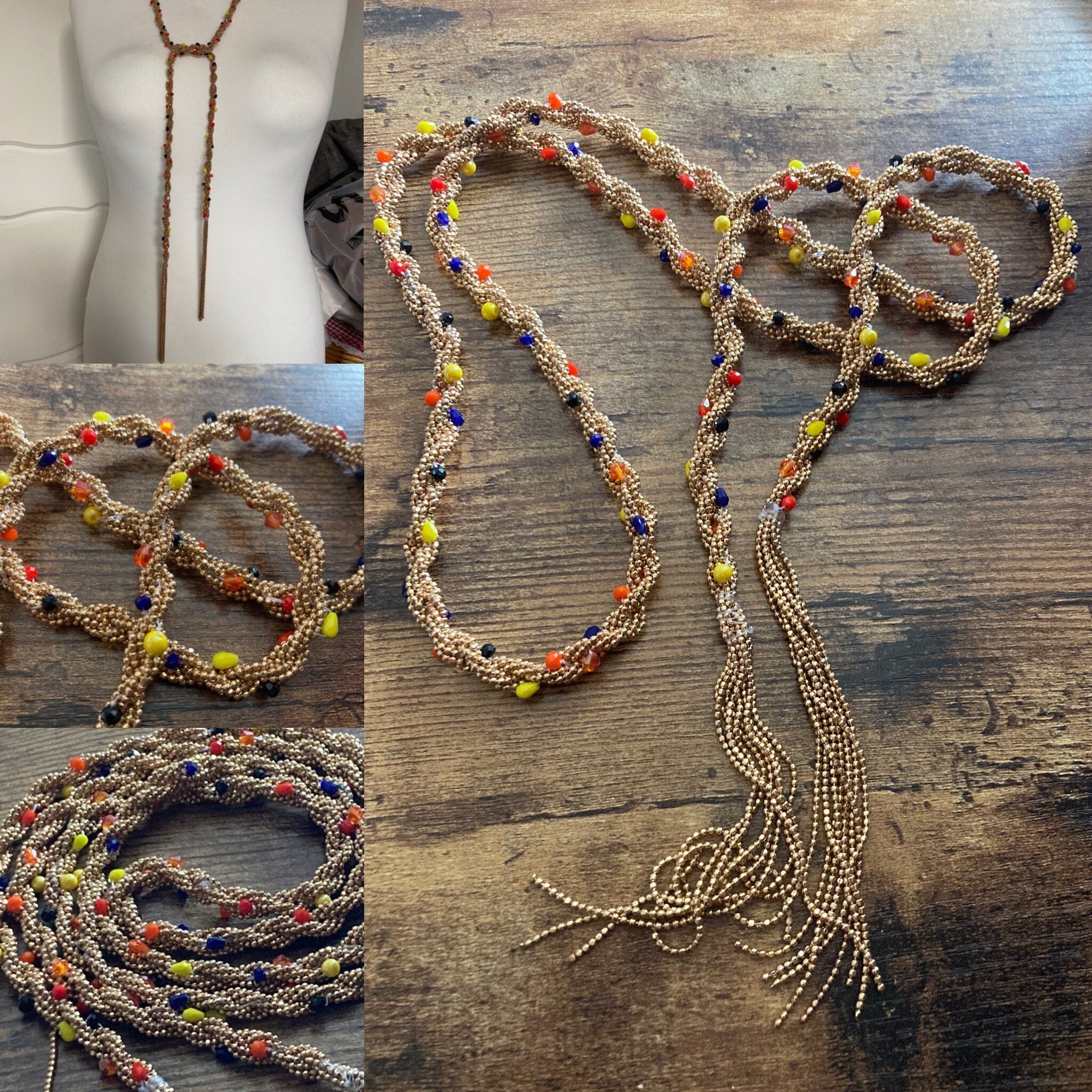 140cm long gold tone tassel necklace with orange yellow woven seed bead flapper length
