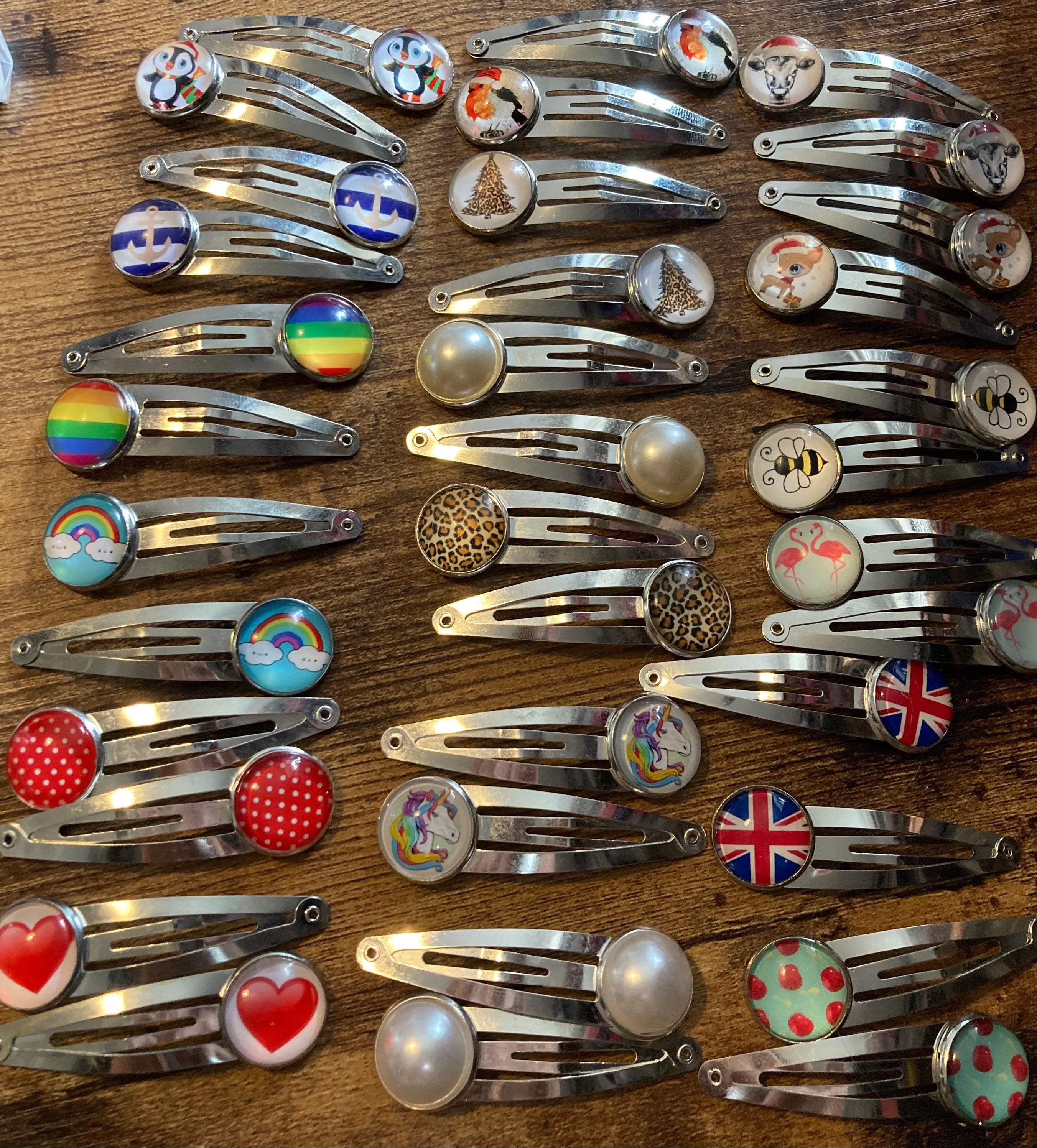 pair of red love heart hair clips silver tone snap lock closure girls