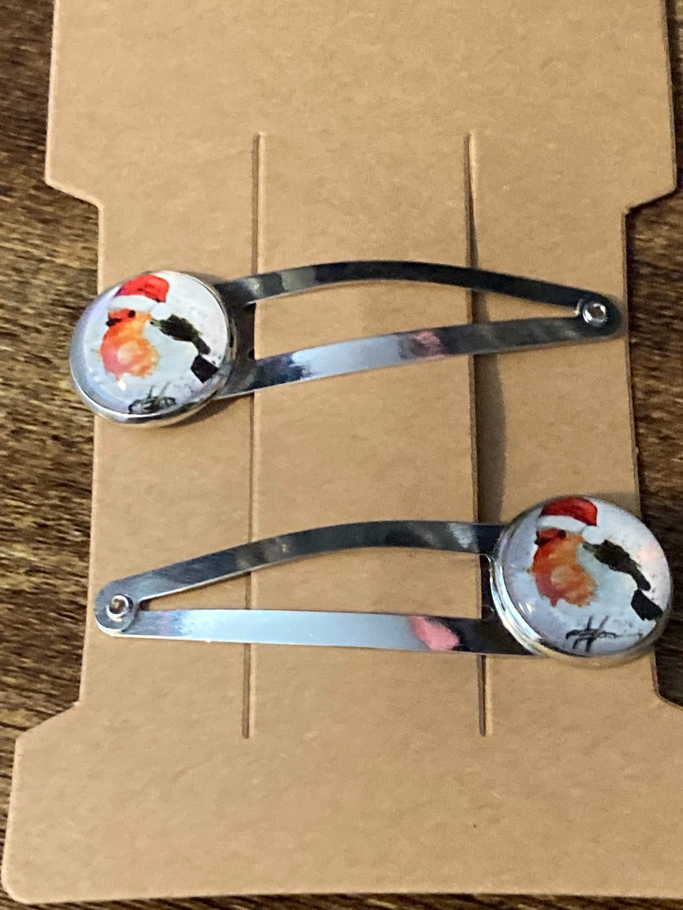 Pair of silver Christmas robin hair slides hair grips