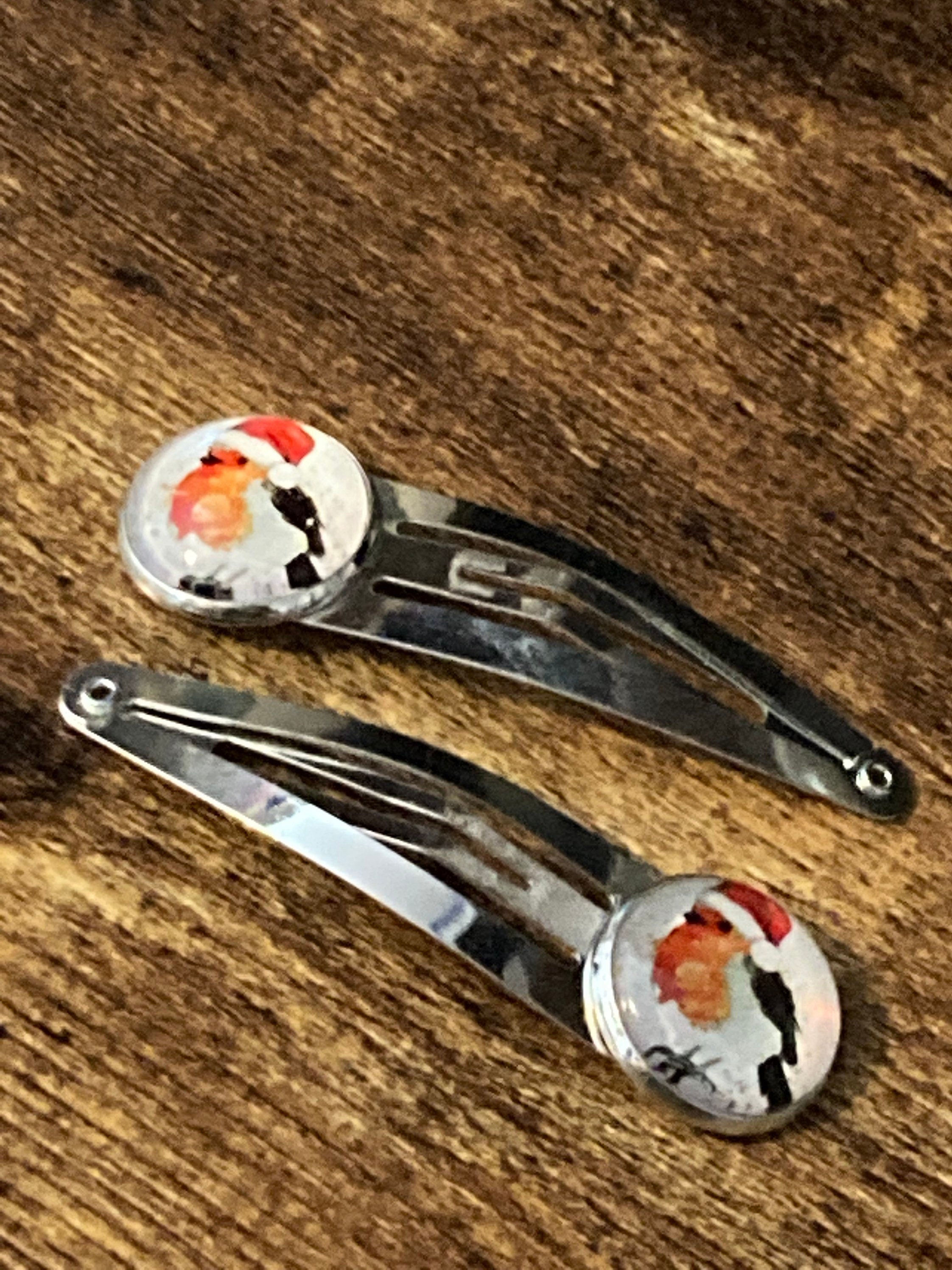 Pair of silver Christmas robin hair slides hair grips