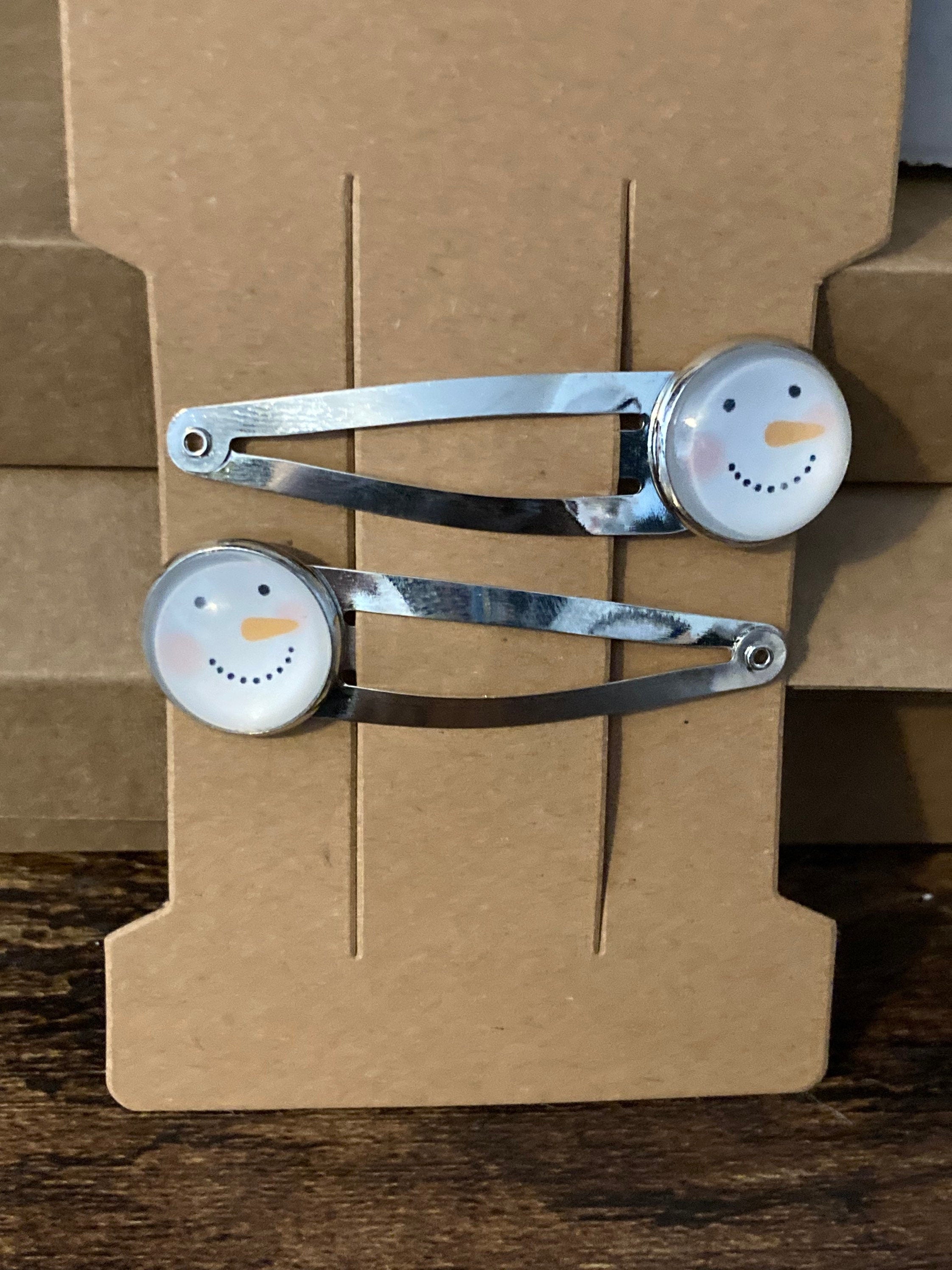Pair of 2 Christmas snowman silver hair slides