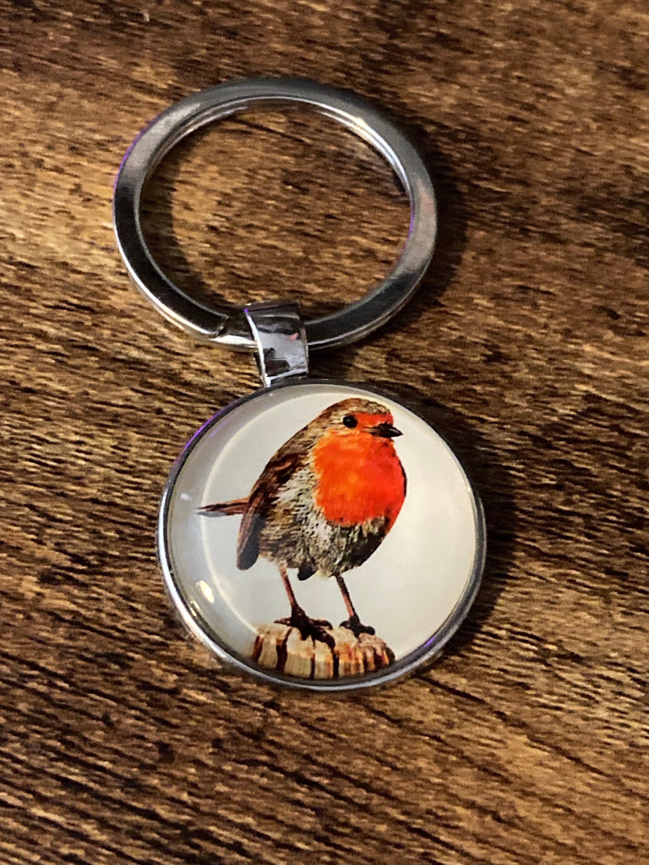 Handmade robin garden bird silver tone keyring with 25mm glass cabochon