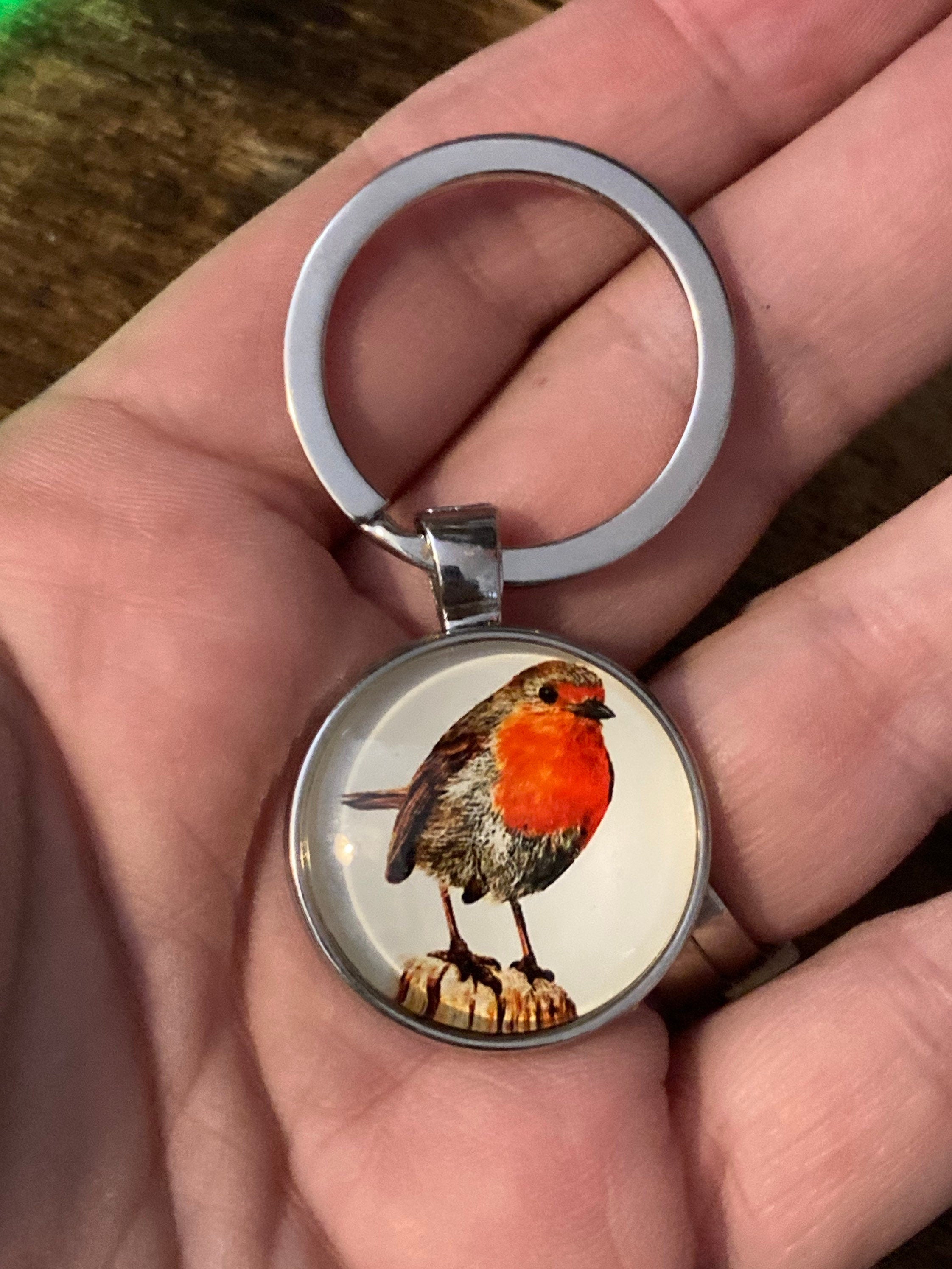 Handmade robin garden bird silver tone keyring with 25mm glass cabochon
