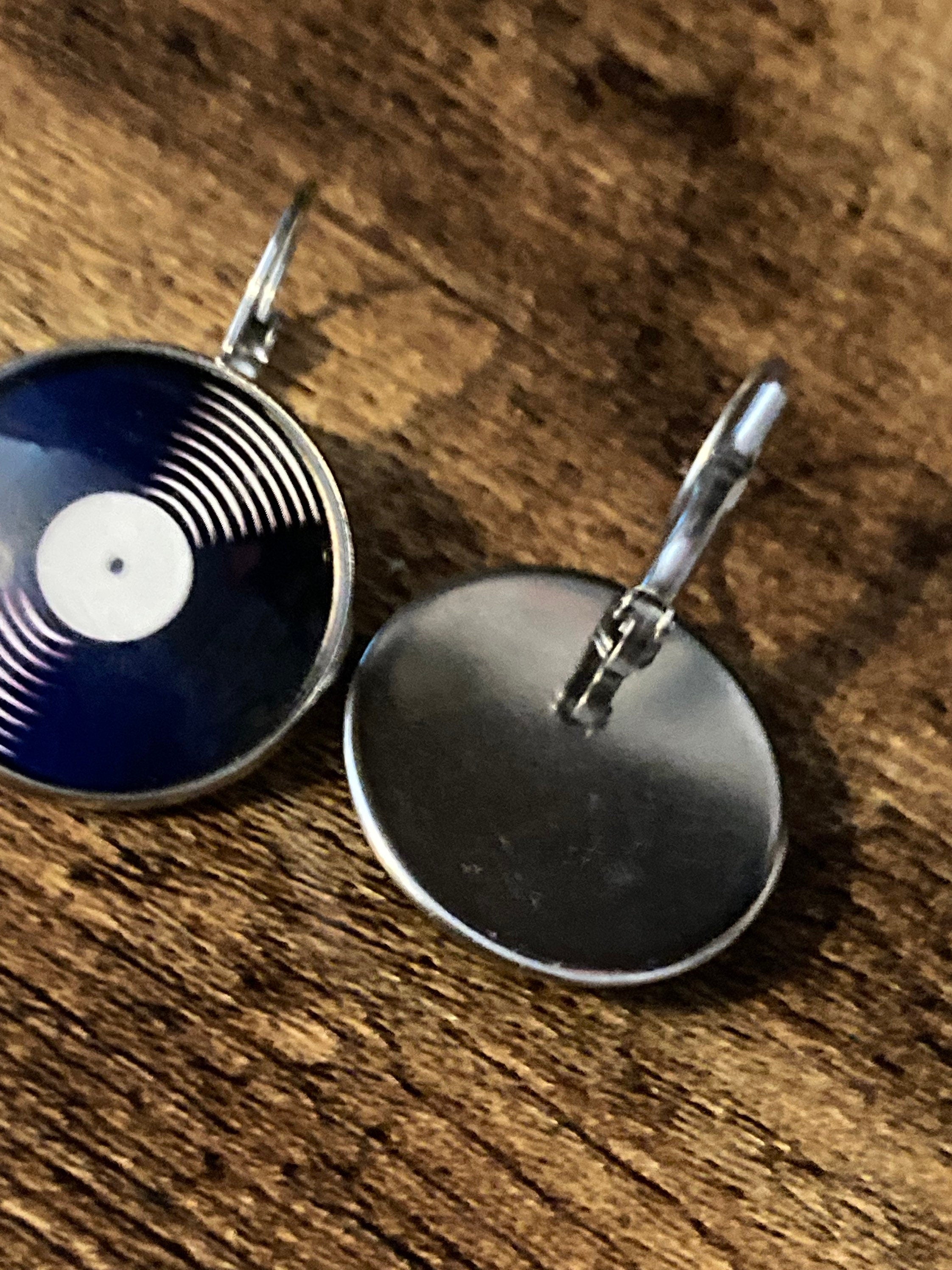 Large Vinyl record drop earrings 2.5cm Retro style Black white
