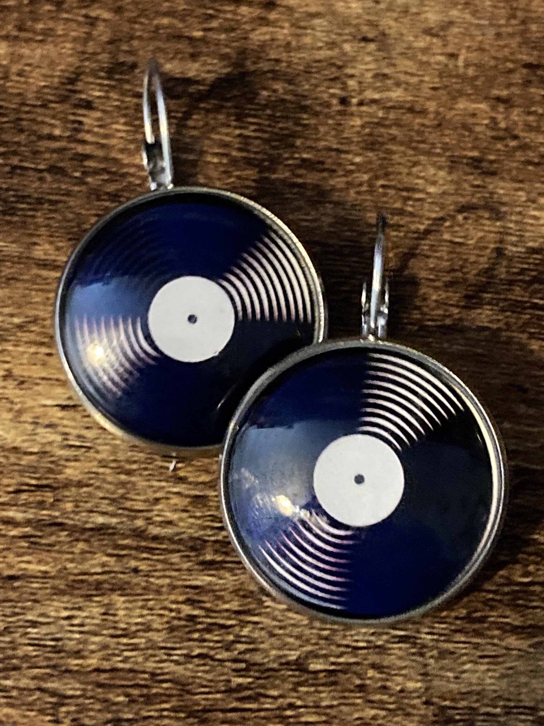 25mm Vinyl record drop earrings glass Retro style Black orange disc