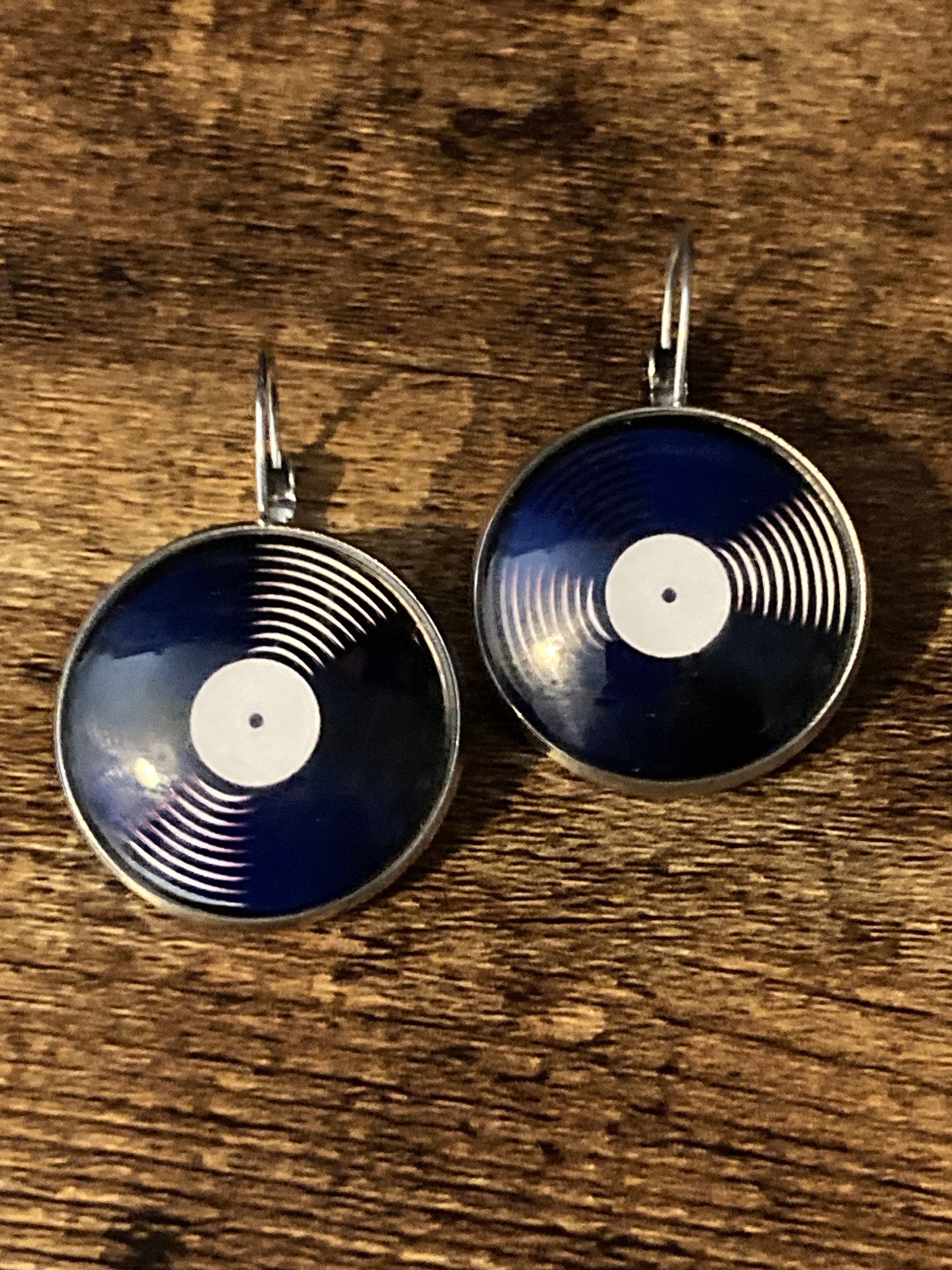 Large Vinyl record drop earrings 2.5cm Retro style Black white