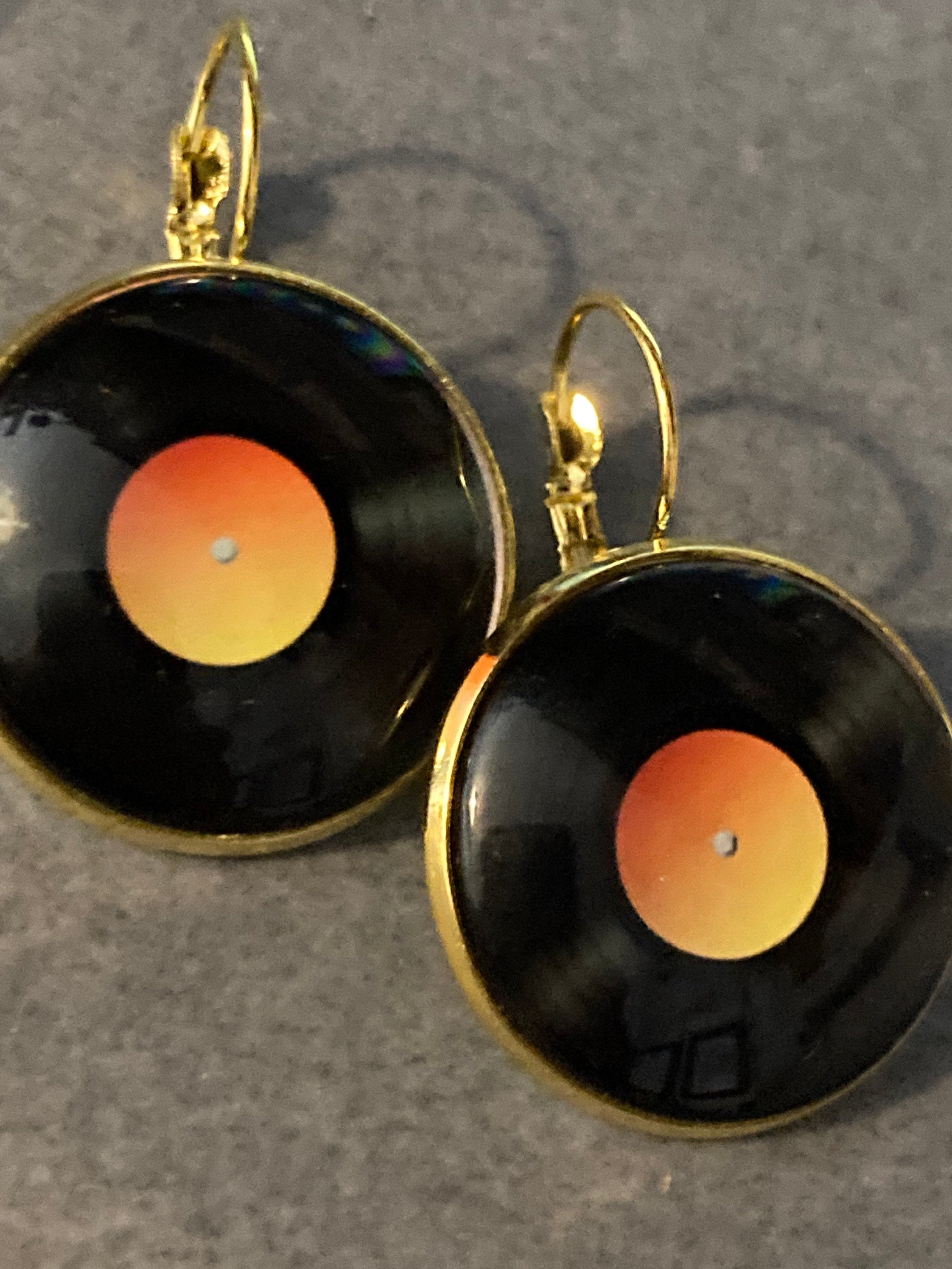 25mm Vinyl record drop earrings glass Retro style Black orange disc