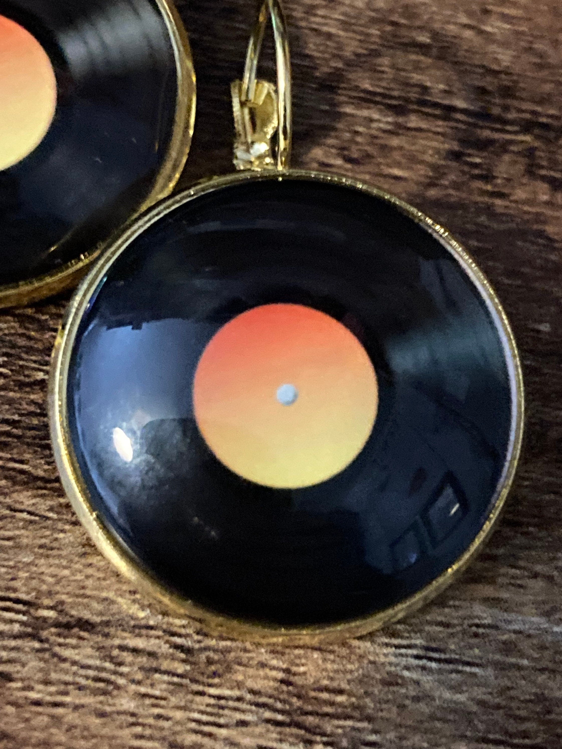 25mm Vinyl record drop earrings glass Retro style Black orange disc