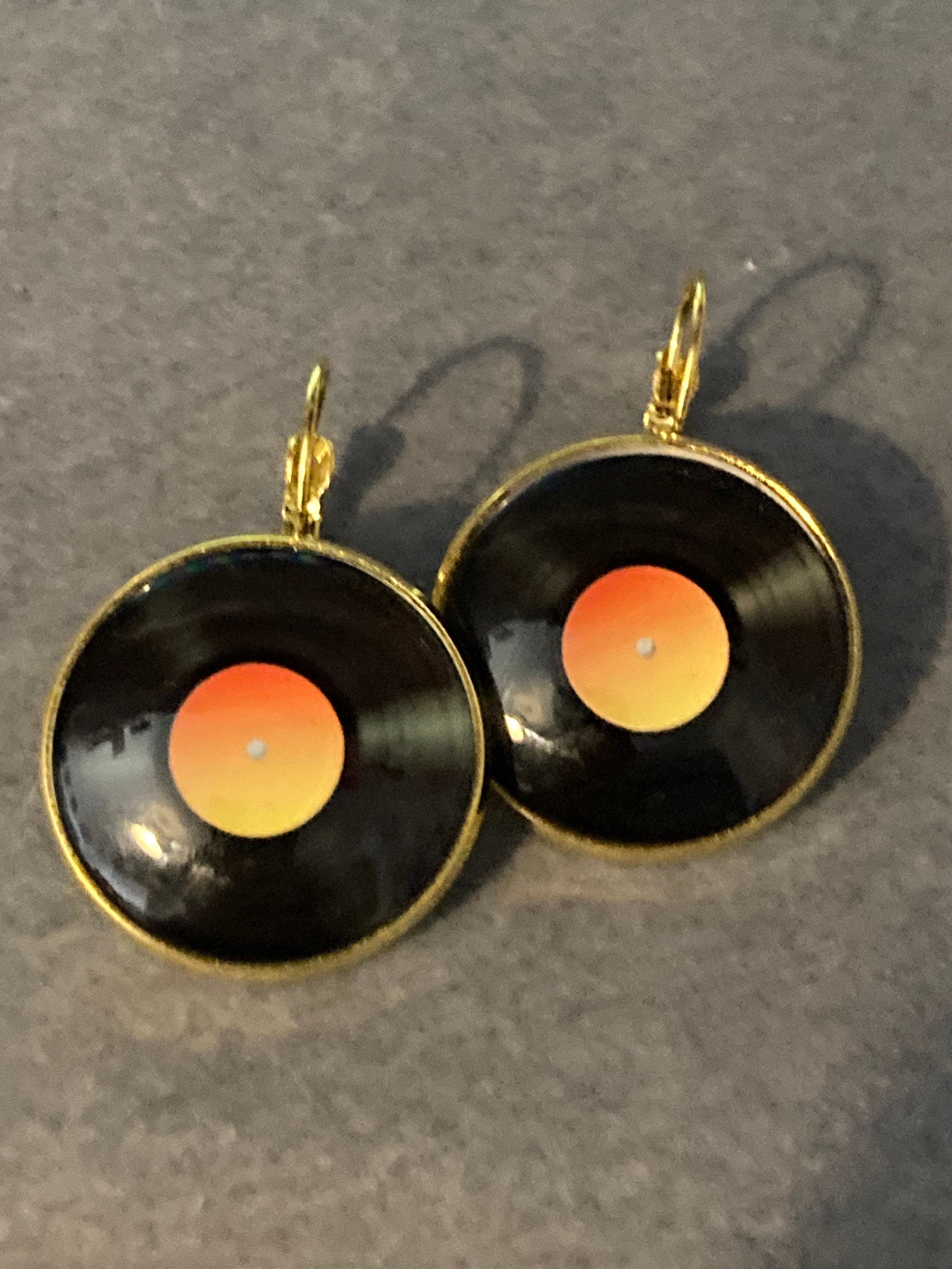 25mm Vinyl record drop earrings glass Retro style Black orange disc