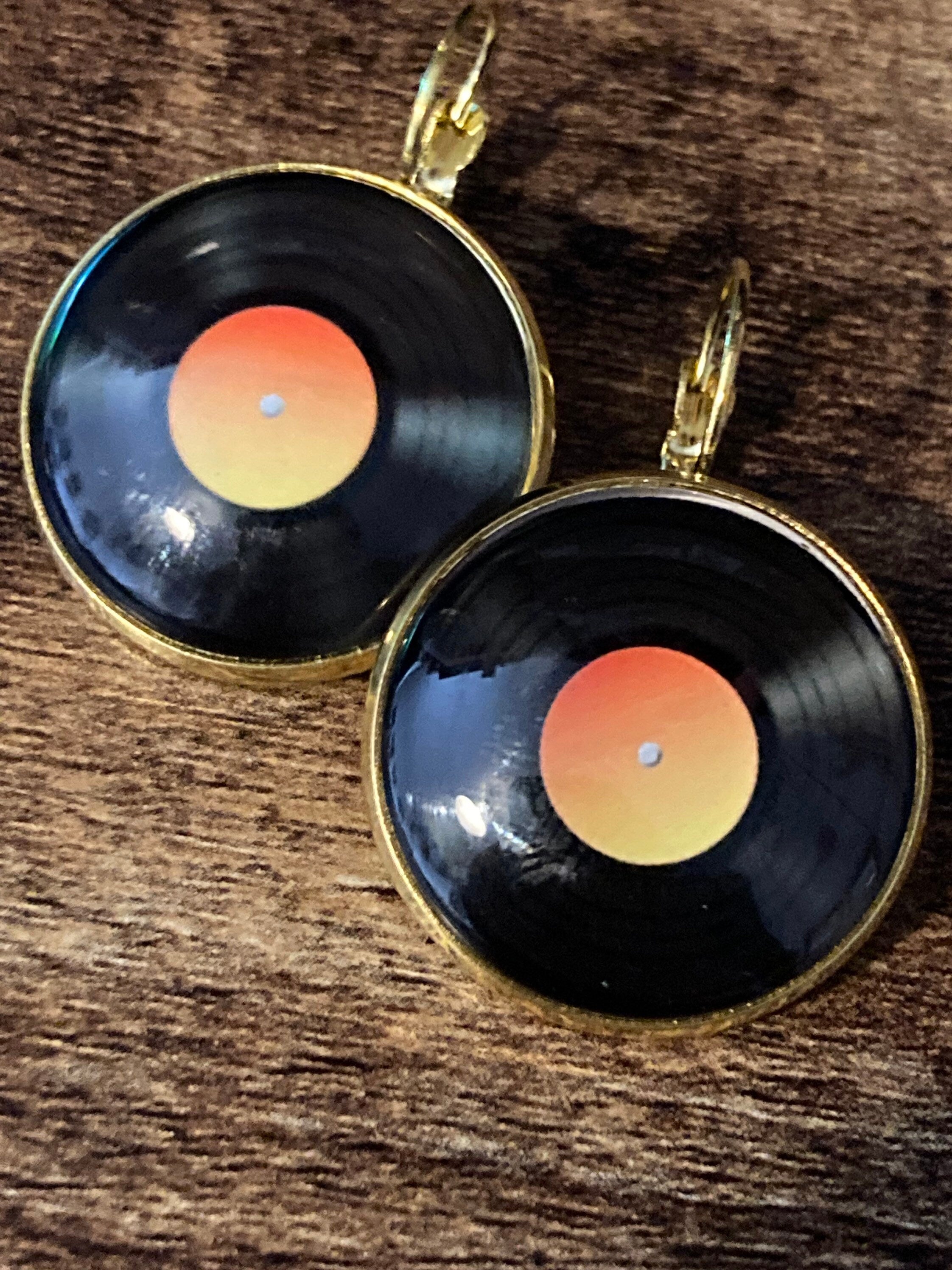 25mm Vinyl record drop earrings glass Retro style Black orange disc