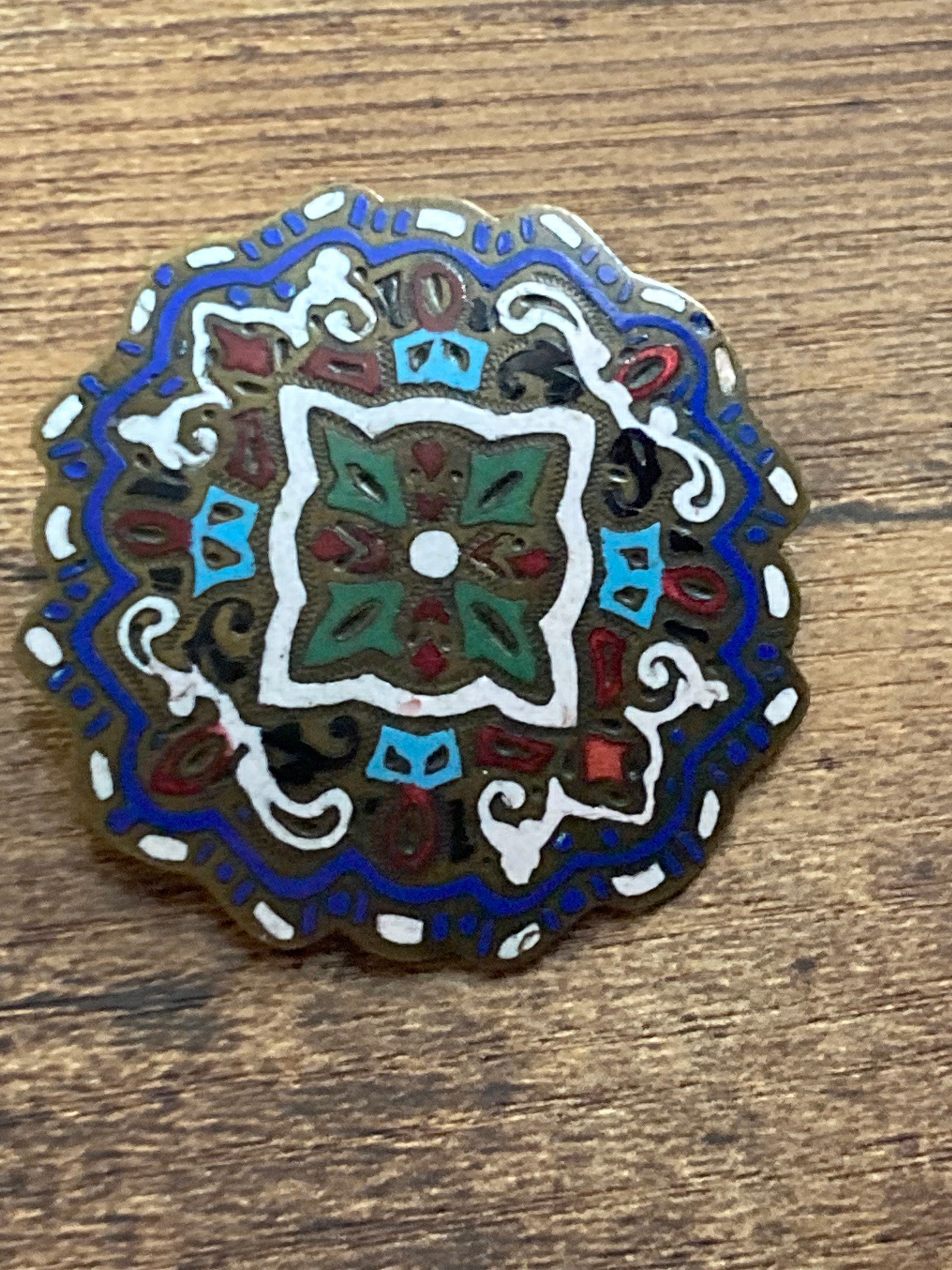 Art Deco large brass cloisonné enamel round domed brooch