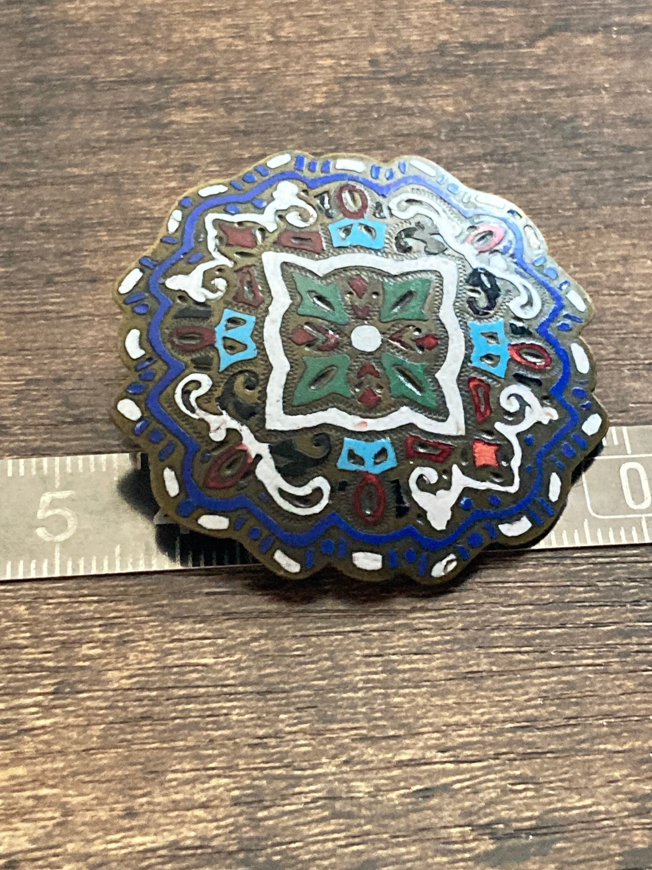 Art Deco large brass cloisonné enamel round domed brooch