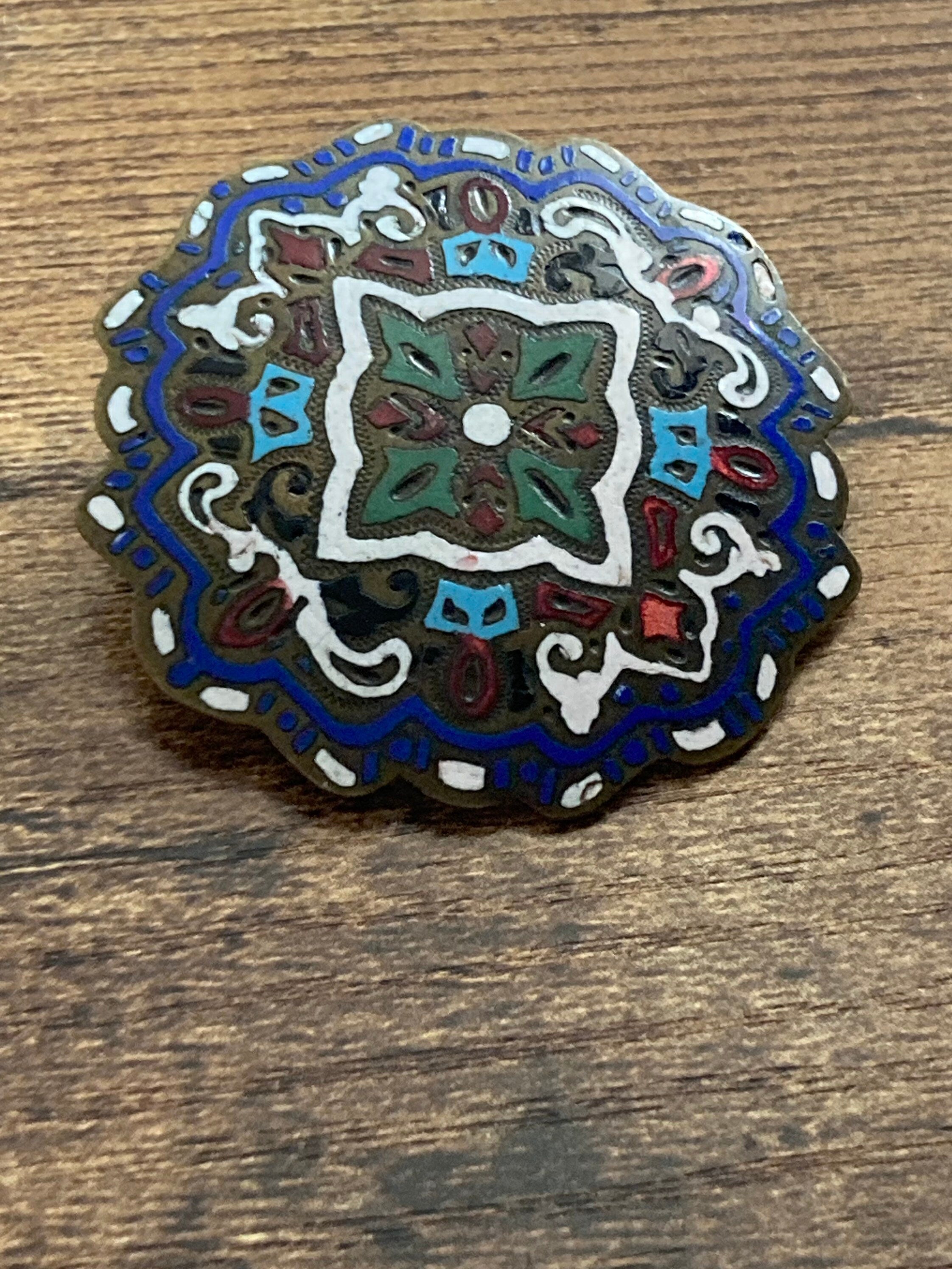 Art Deco large brass cloisonné enamel round domed brooch