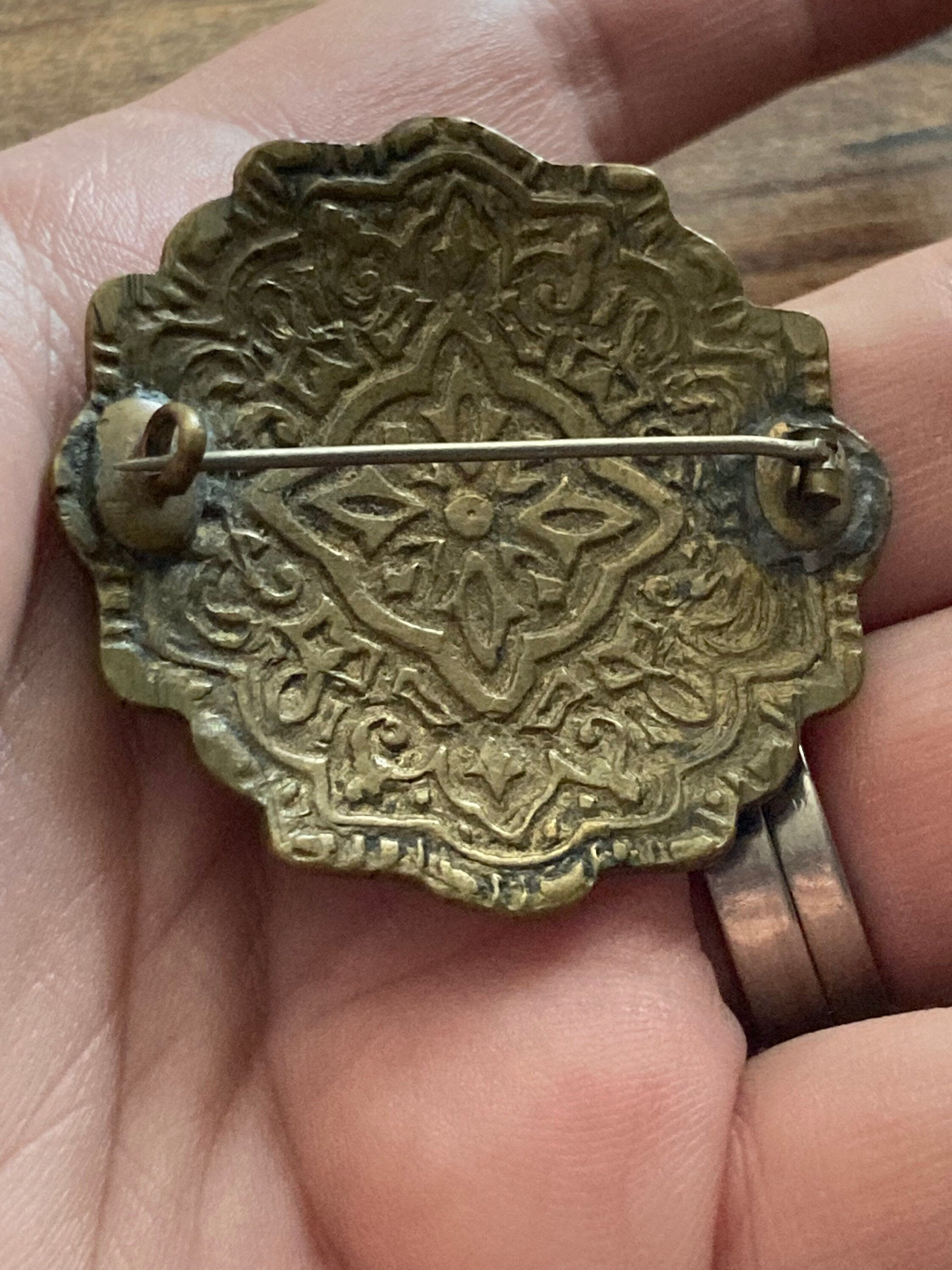 Art Deco large brass cloisonné enamel round domed brooch