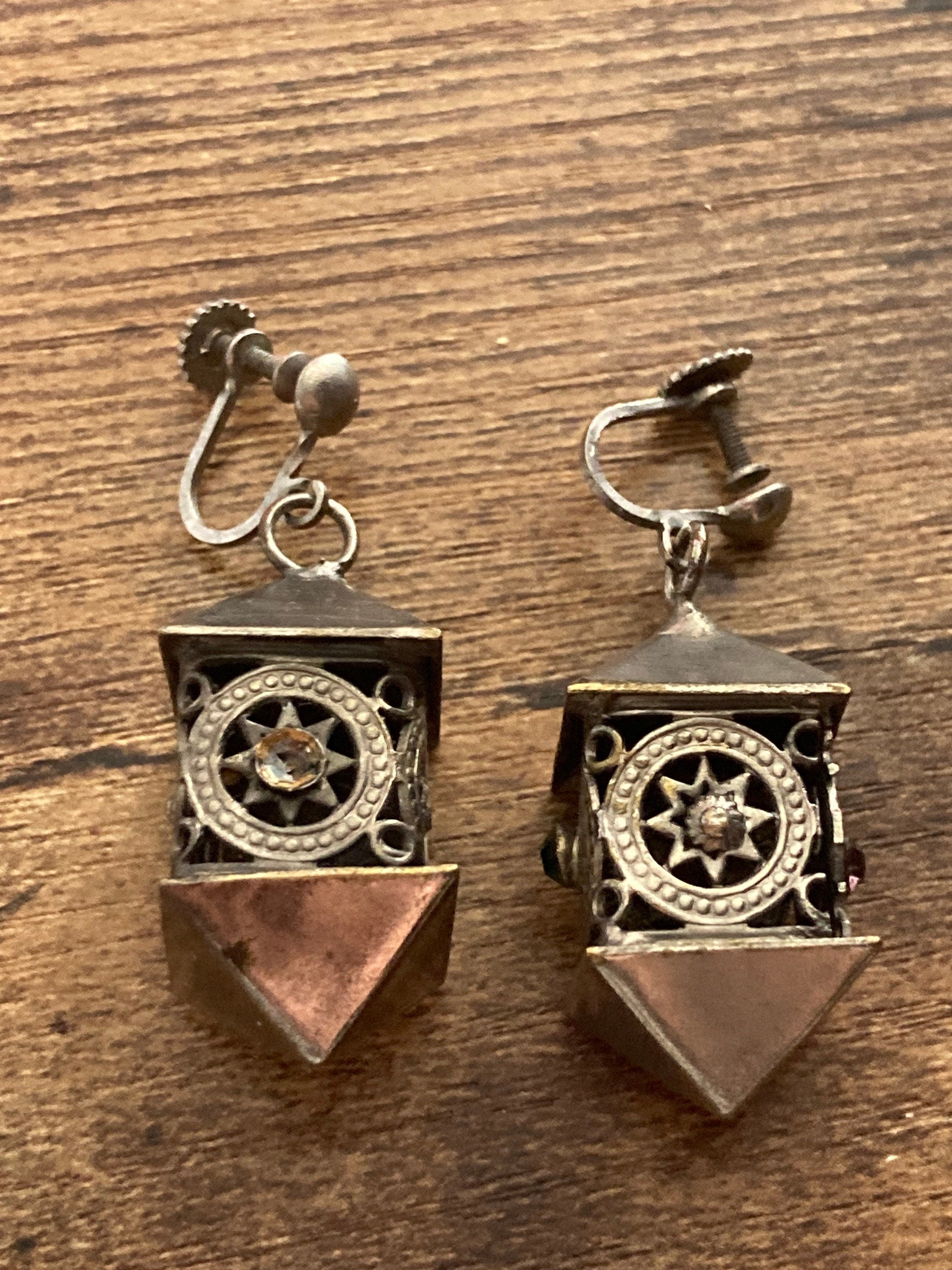 Vintage chrome Chinese lantern clip on drop earrings silver tone