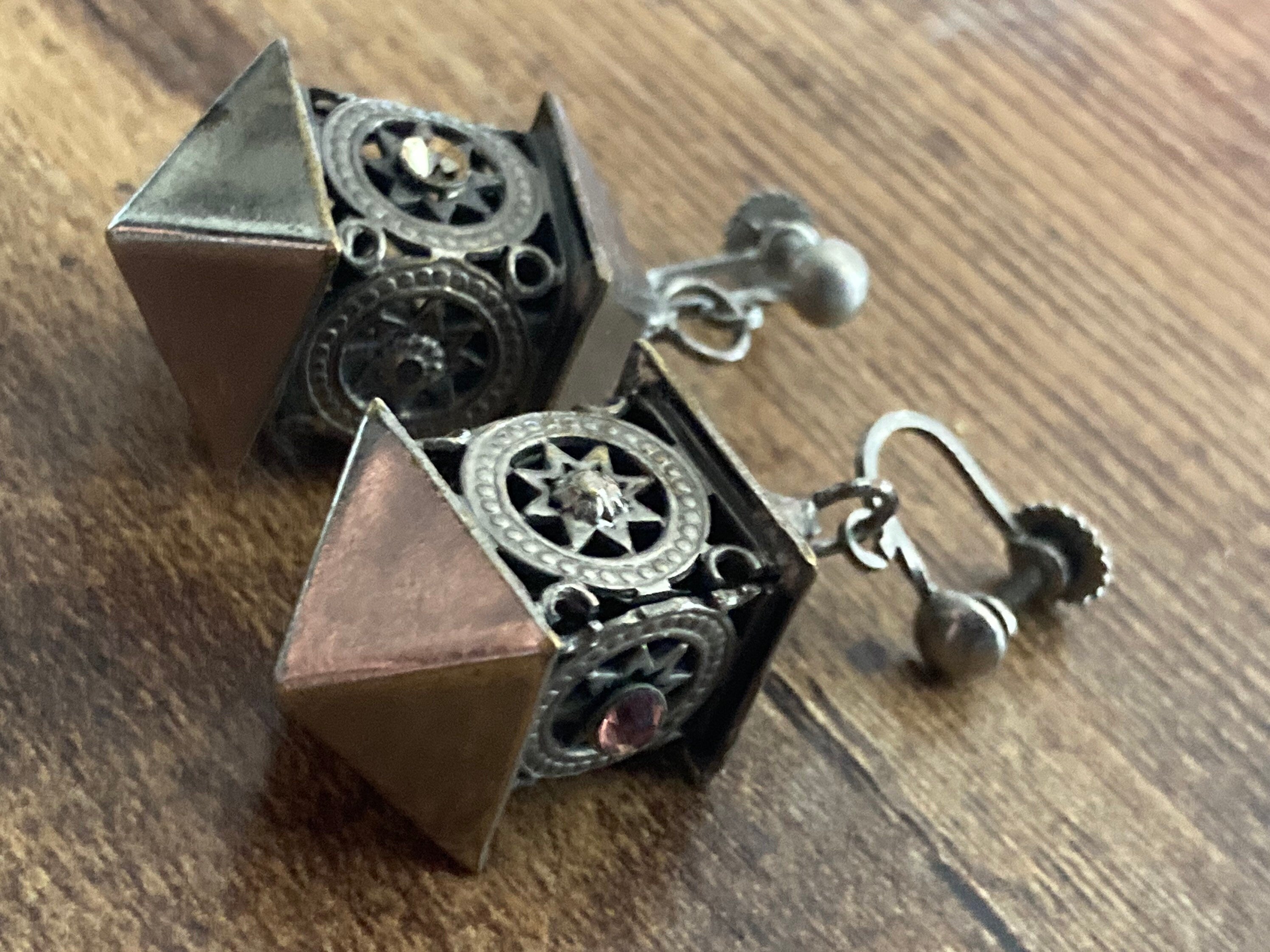 Vintage chrome Chinese lantern clip on drop earrings silver tone