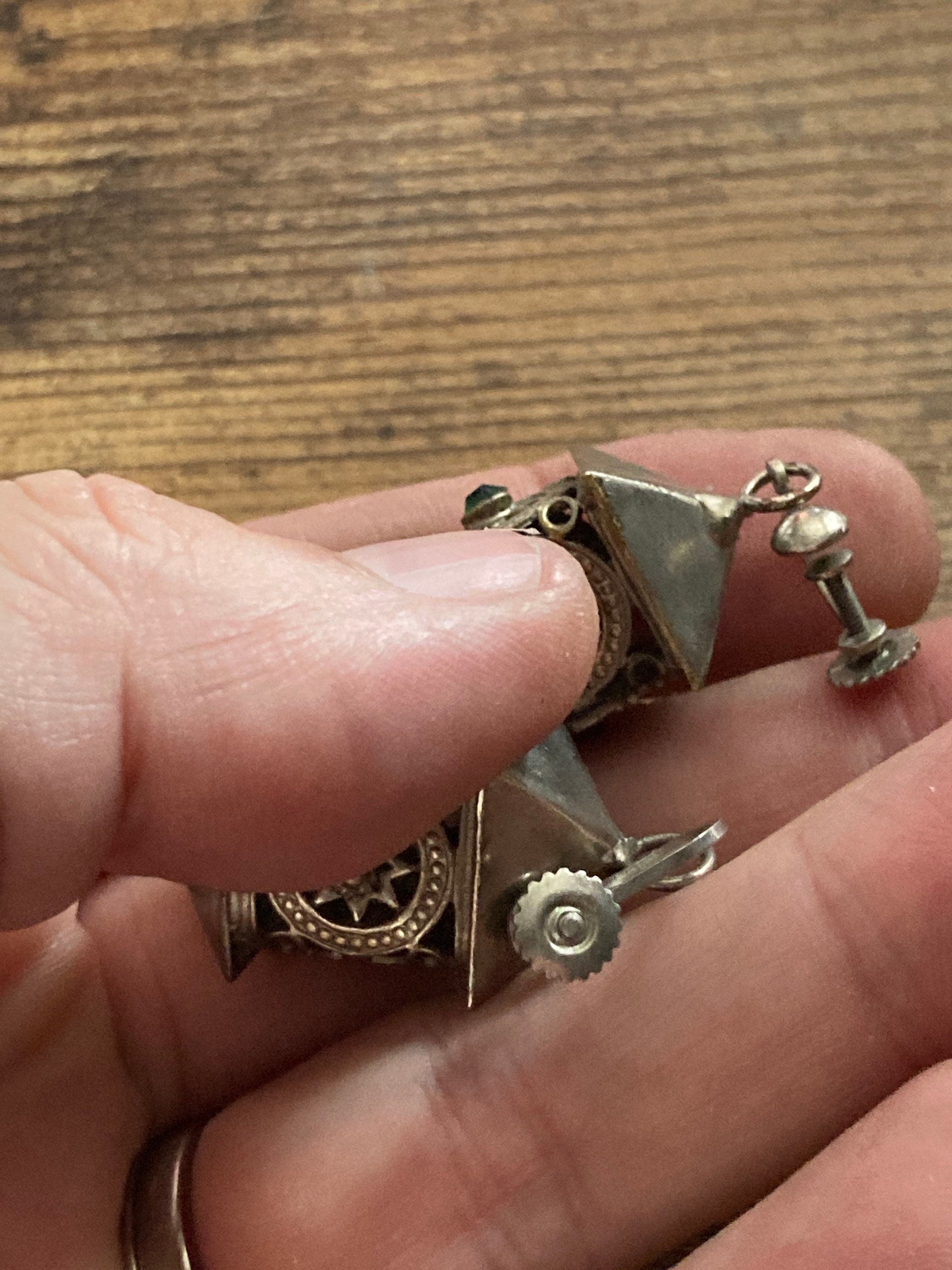 Vintage chrome Chinese lantern clip on drop earrings silver tone