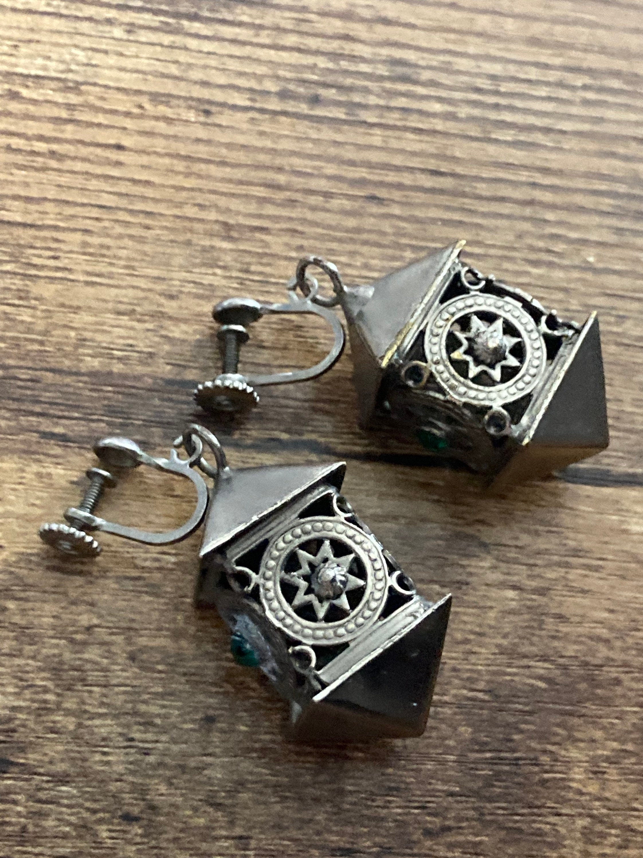 Vintage chrome Chinese lantern clip on drop earrings silver tone