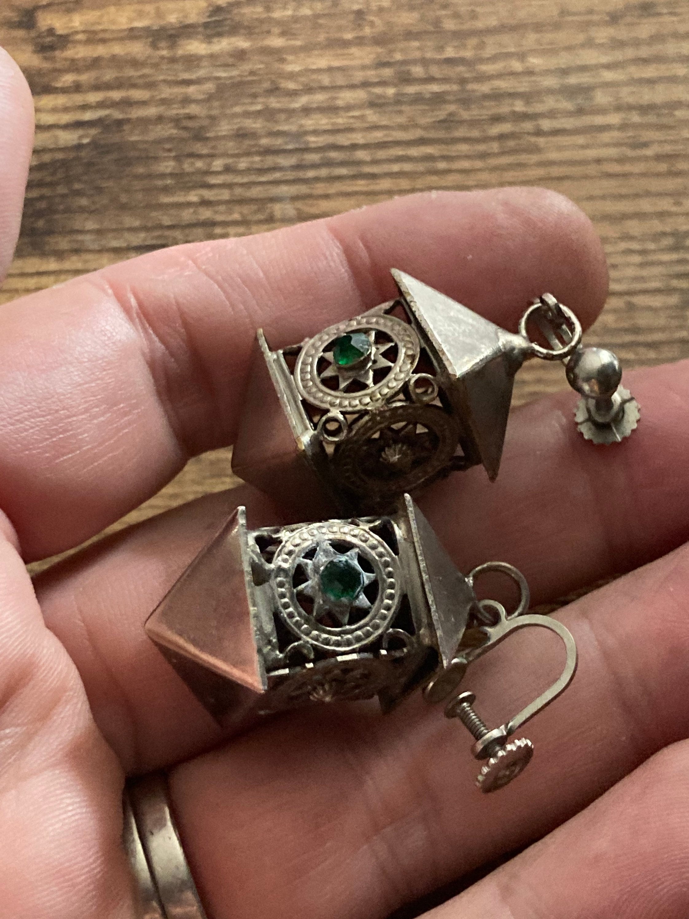 Vintage chrome Chinese lantern clip on drop earrings silver tone