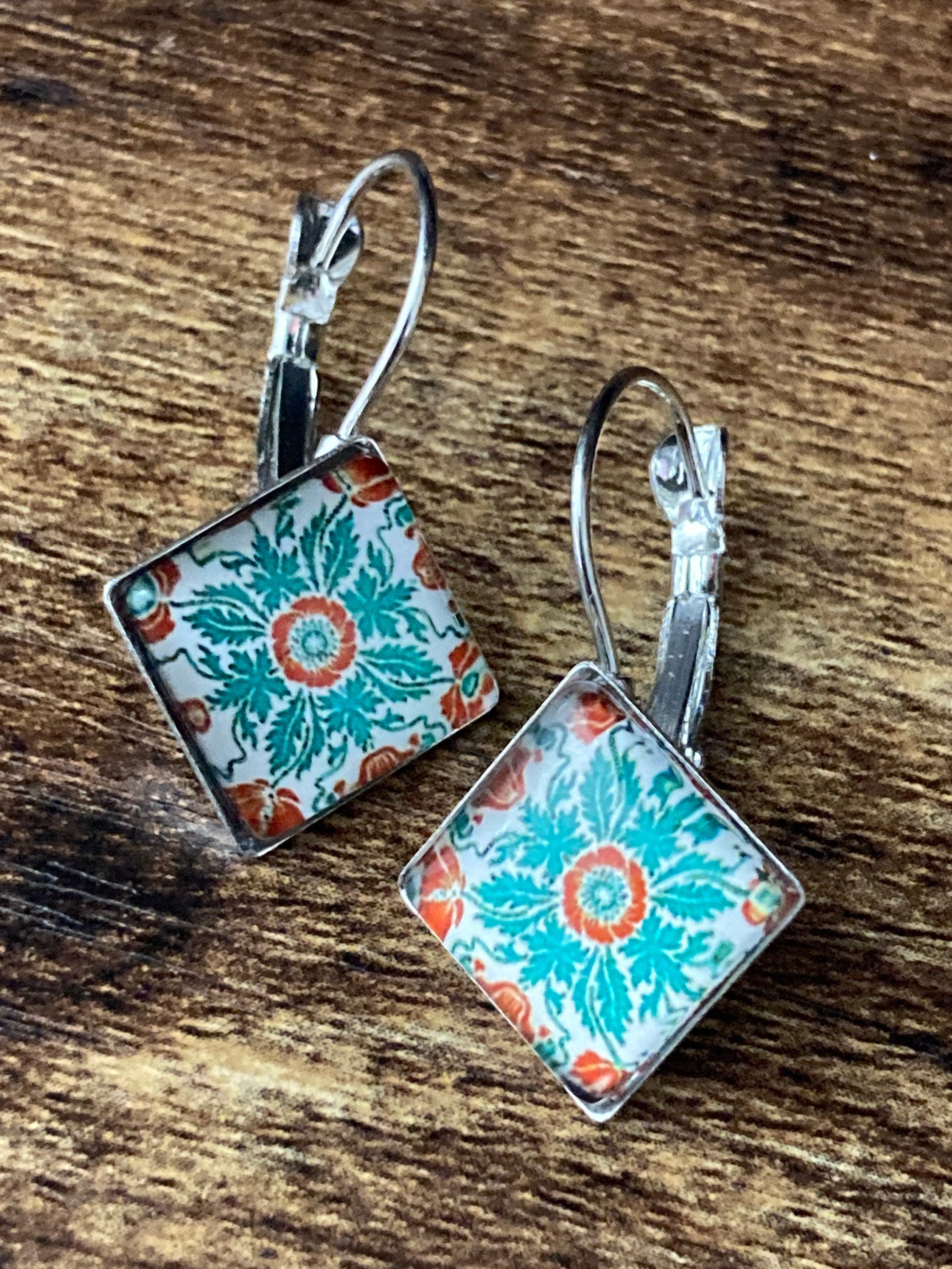 Art nouveau green tile print stainless steel drop earrings