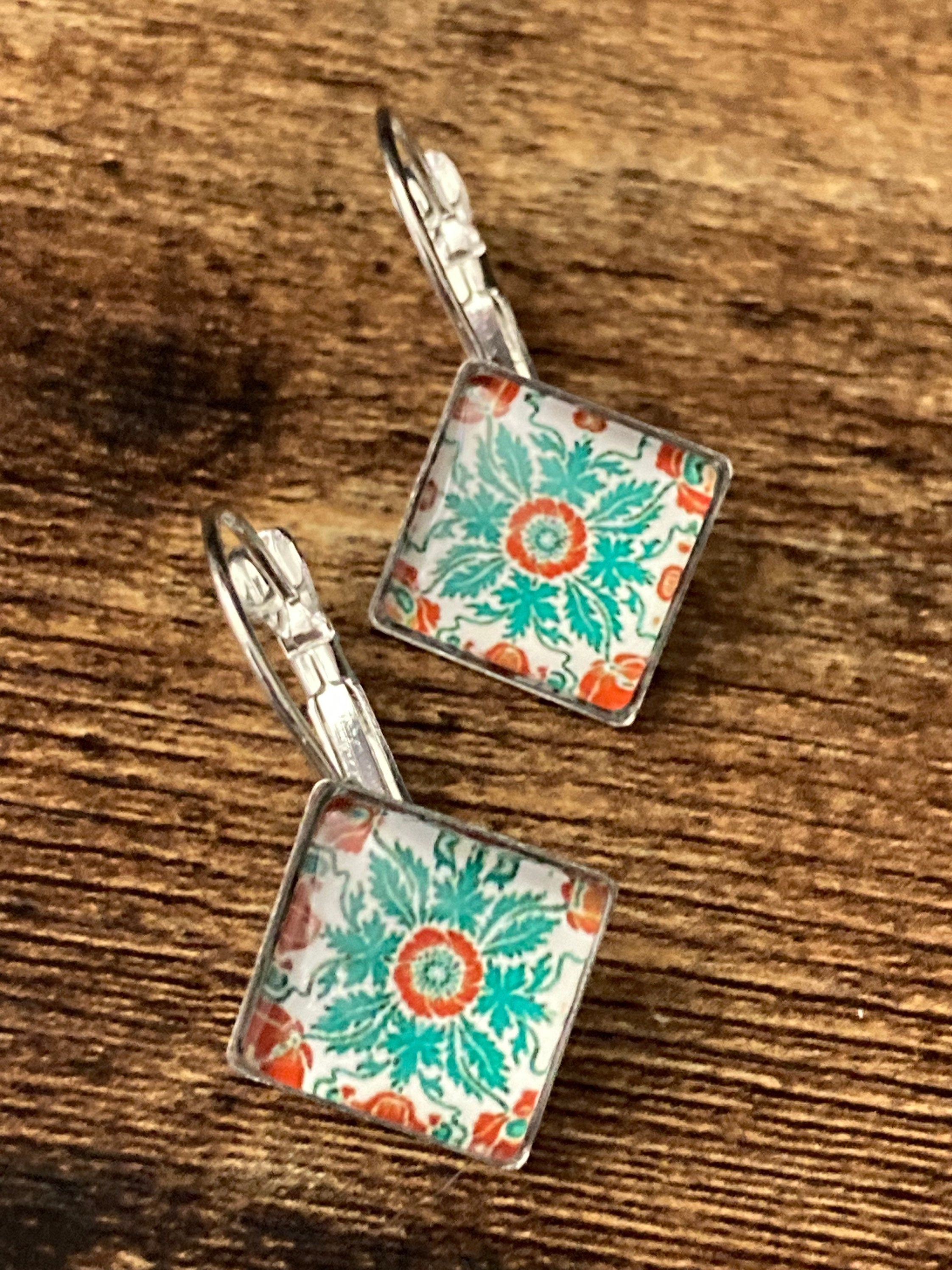 Art nouveau green tile print stainless steel drop earrings