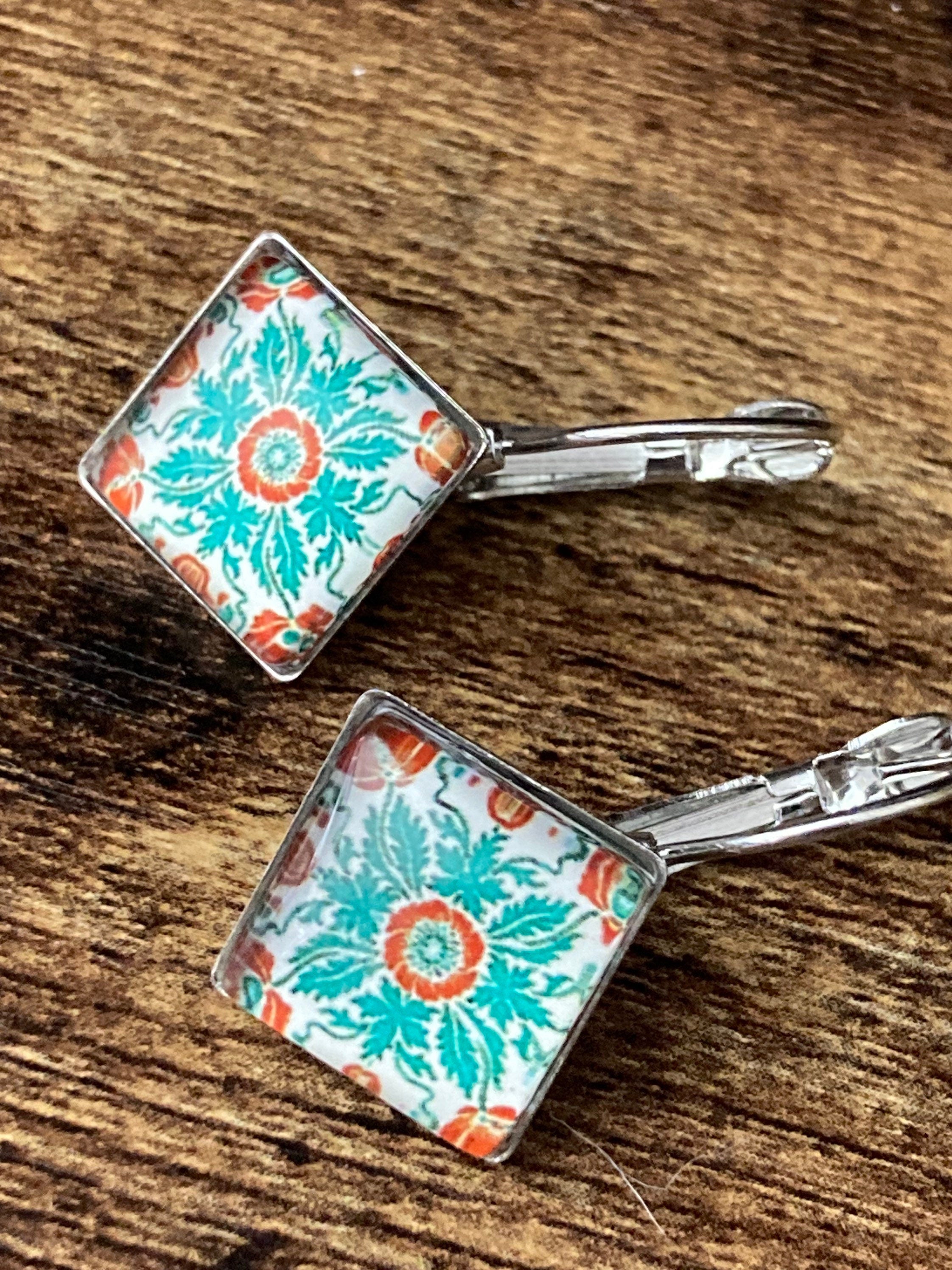 Art nouveau green tile print stainless steel drop earrings